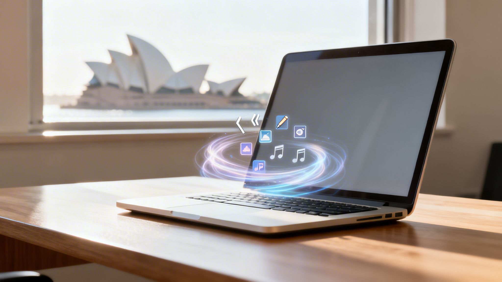 A laptop on a wooden desk with holographic app icons, featuring Sydney Opera House in the background.