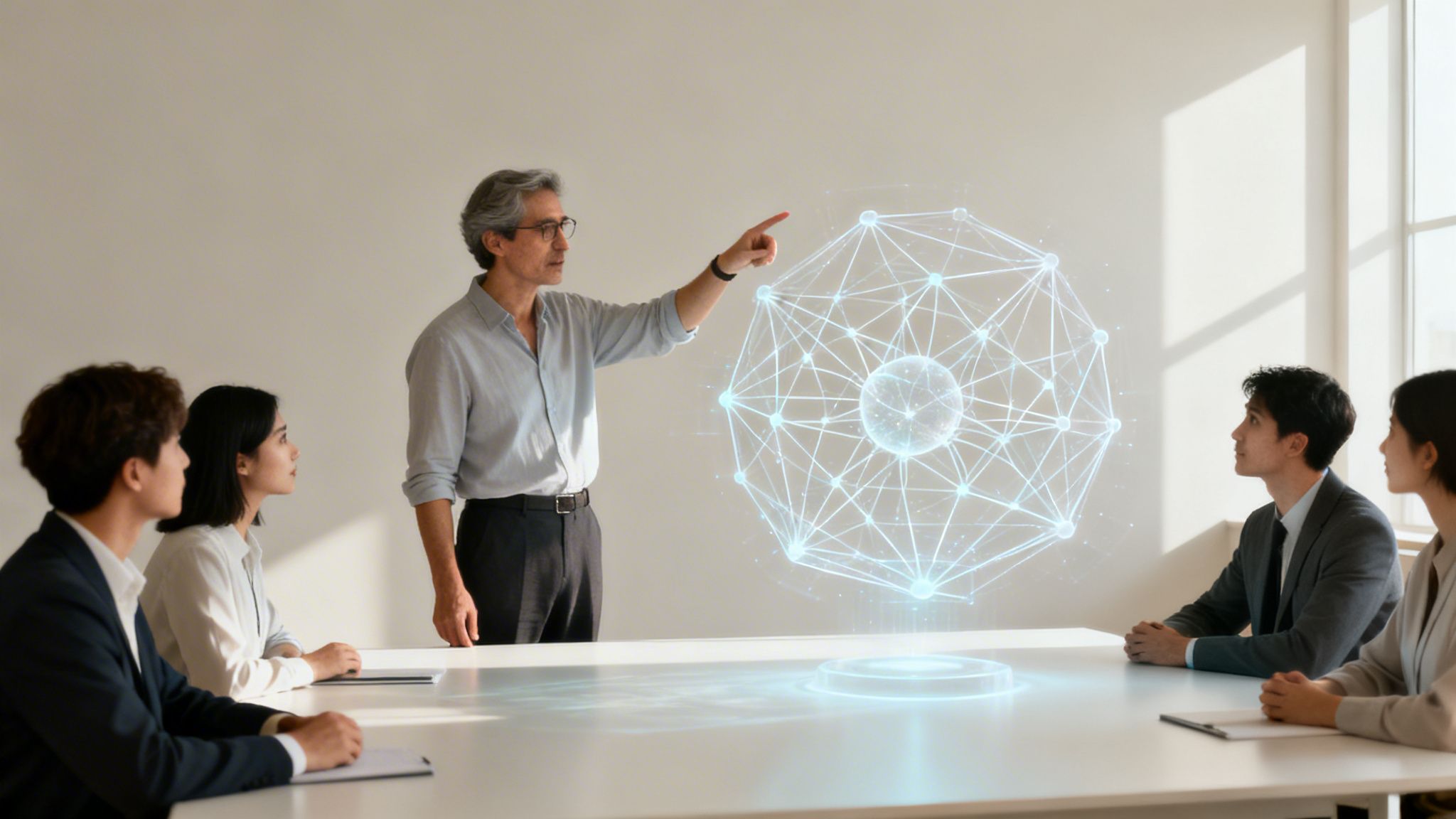 A diverse business team in a modern meeting room discussing a holographic AI network display.