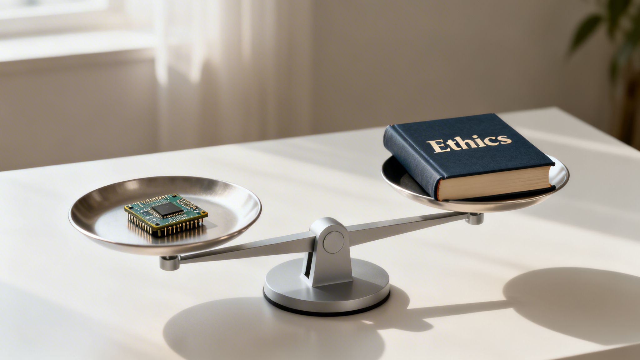 A balance scale comparing a computer chip with a book titled 'Ethics,' illustrating ethical considerations in technology.