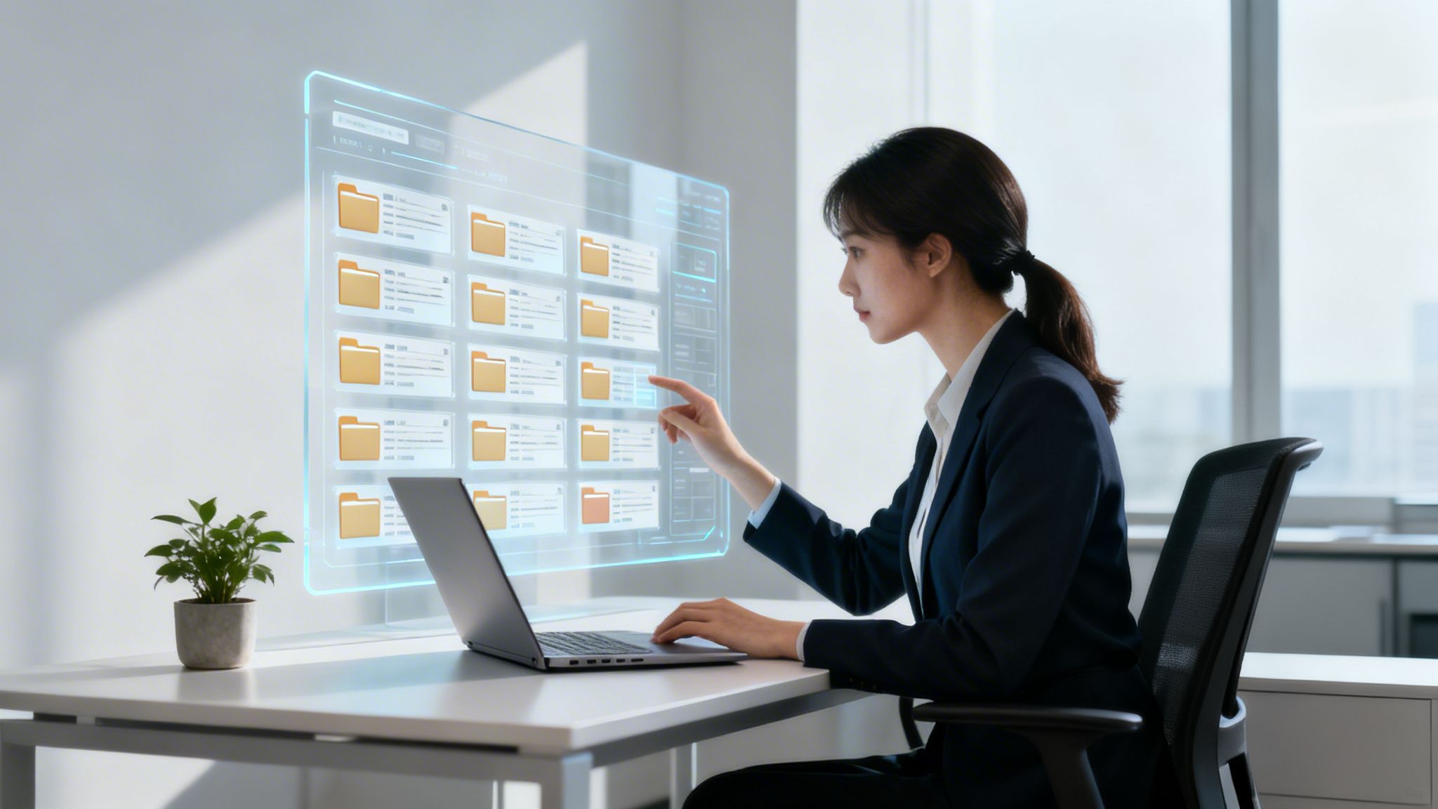 Professional woman interacts with a holographic display, managing digital files and data in a modern office.