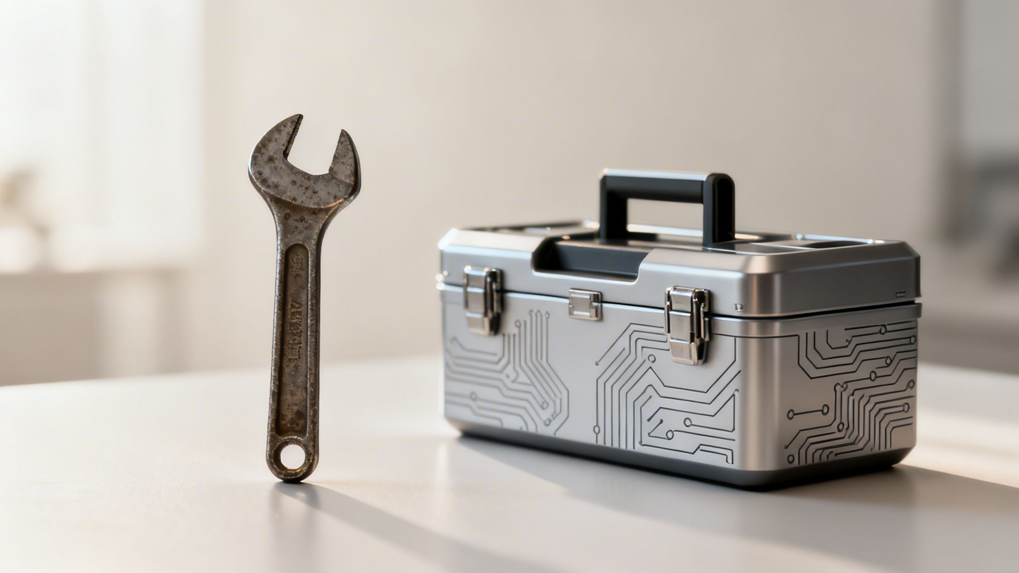 An old rusty wrench stands next to a modern toolbox with circuit board patterns on a white table.