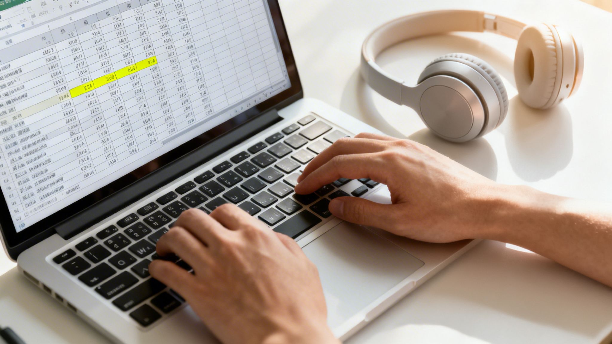Person working on a laptop, hands on keyboard, with a data spreadsheet and headphones.