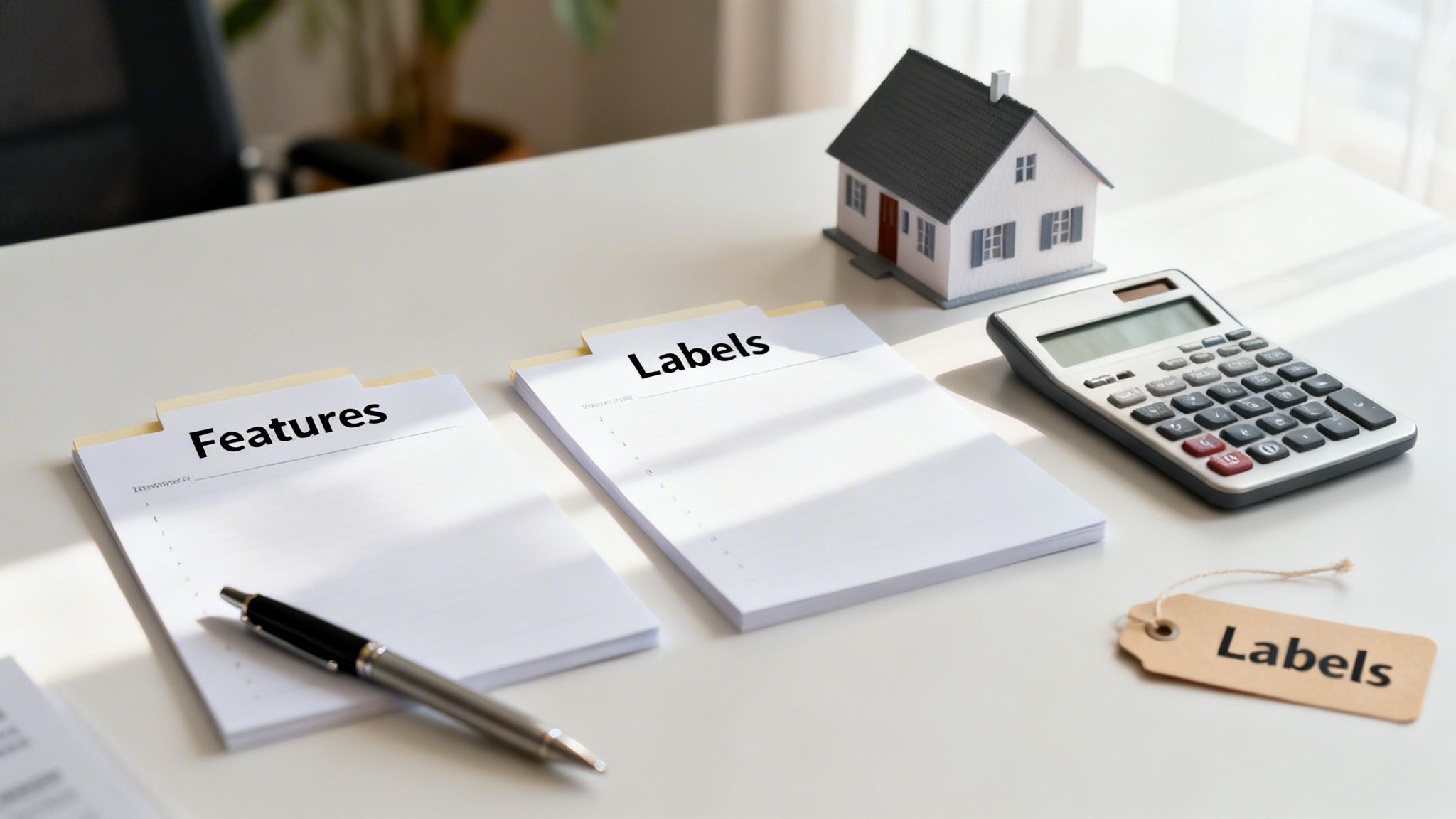 Desk with model house, calculator, notepads labeled 'Features' and 'Labels', symbolizing supervised learning.