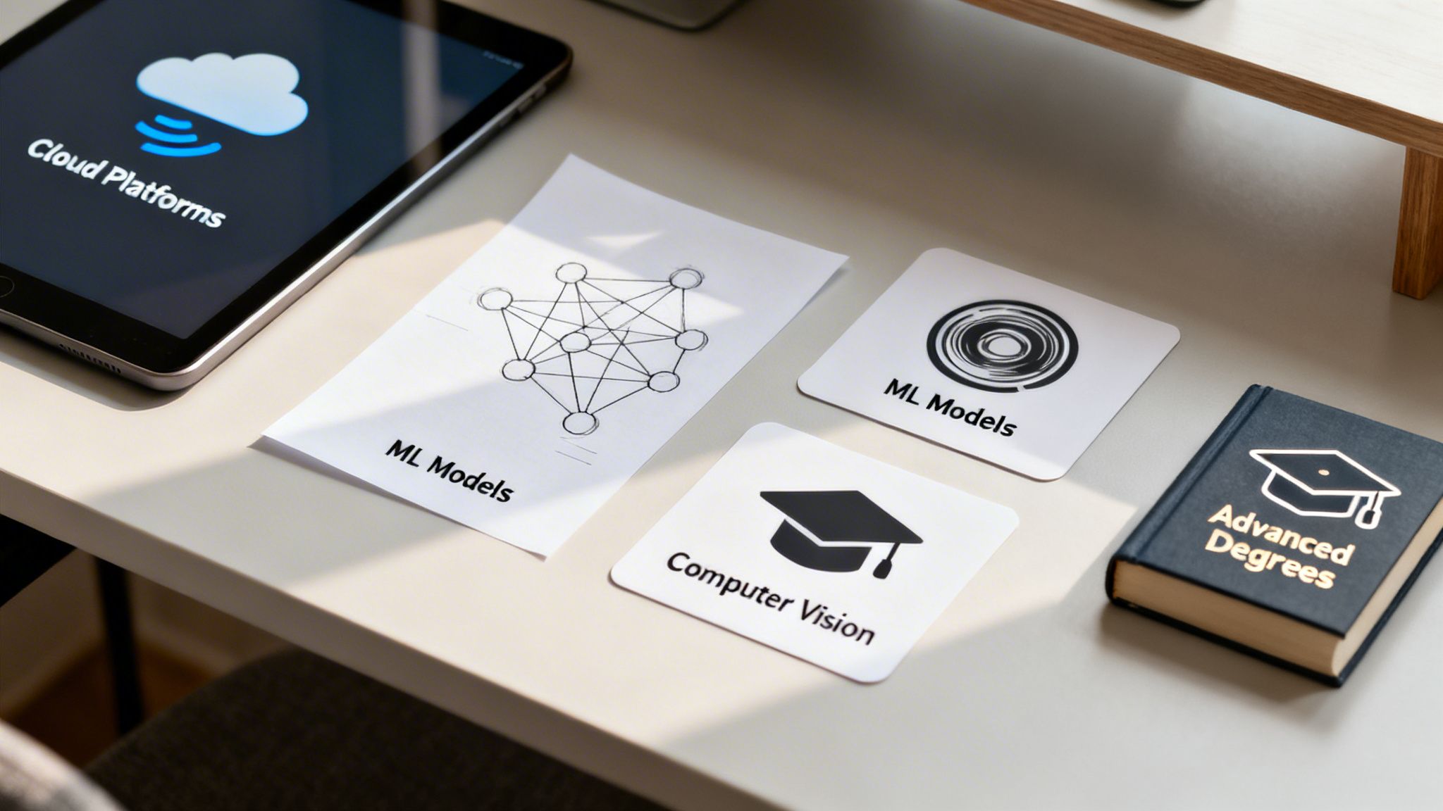 A tablet displaying cloud platforms, papers on ML models and computer vision, plus an advanced degrees book.