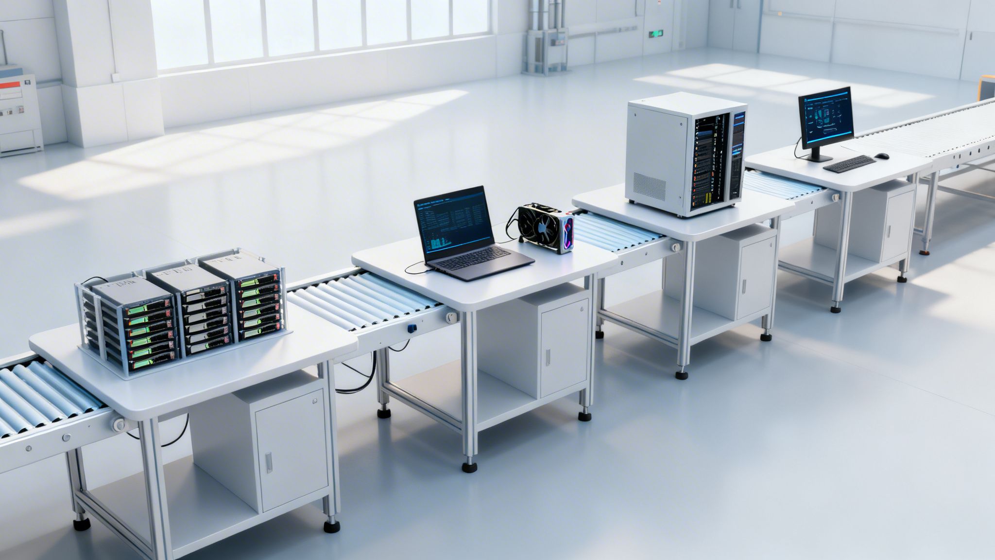 An assembly line in a clean factory features computer hardware, including hard drives, a laptop, and servers.