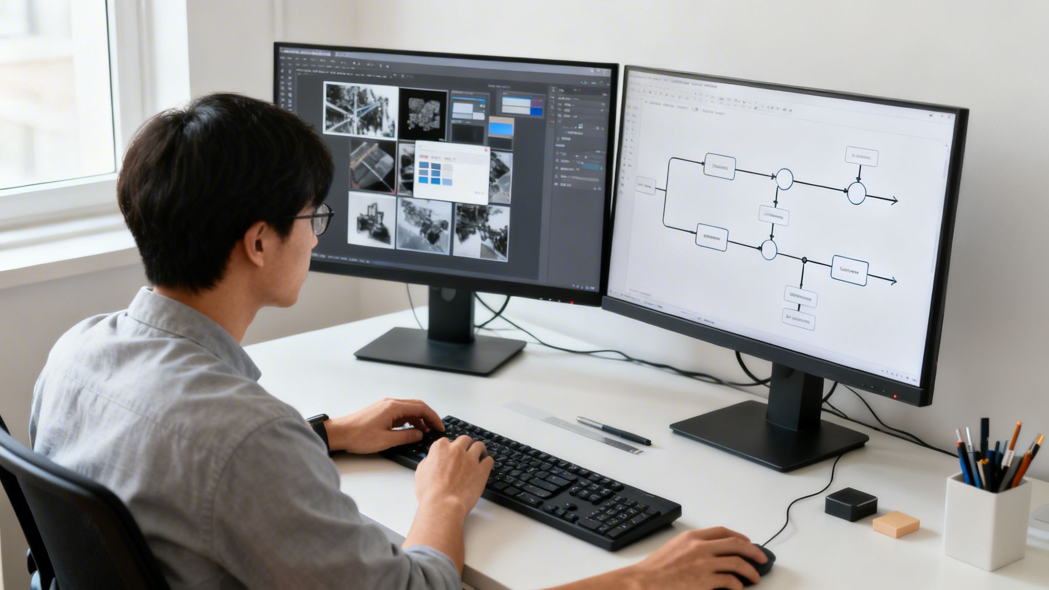 A man works on two computer monitors, one showing design software, the other a flowchart.