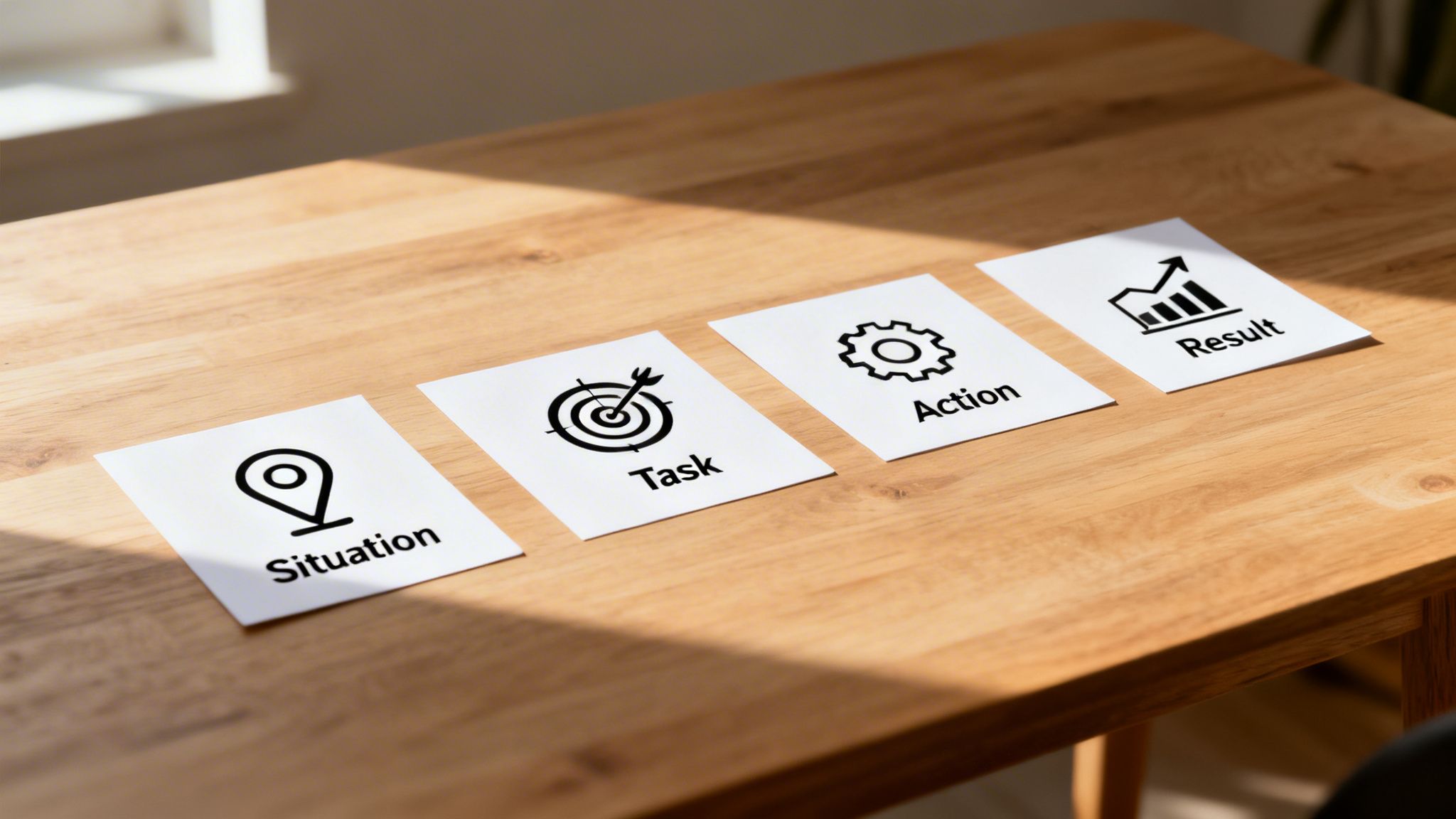 Four white cards on a wooden table display icons and words: Situation, Task, Action, Result.