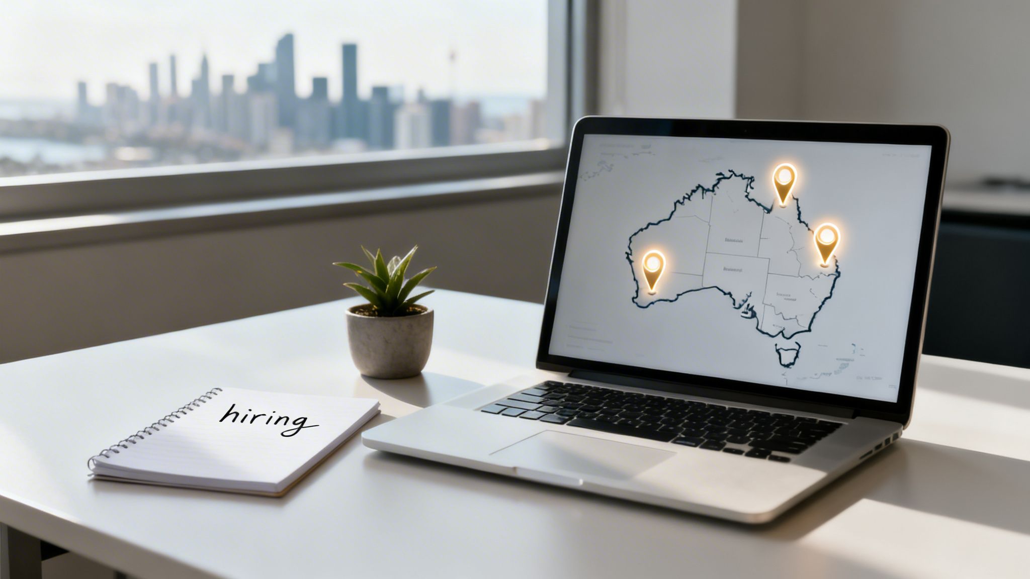 Desk with laptop displaying Australia job map, 'hiring' notebook, plant, and blurred city skyline.