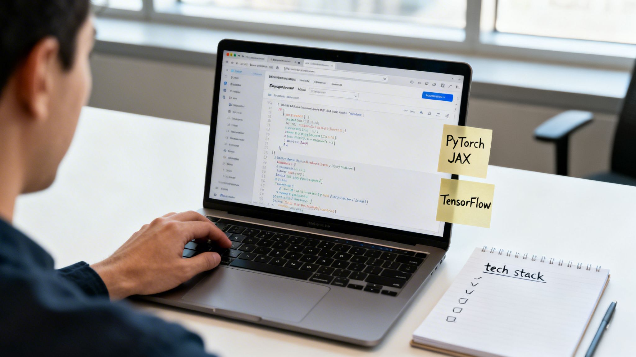 A person coding on a laptop with sticky notes displaying PyTorch, JAX, and TensorFlow frameworks.