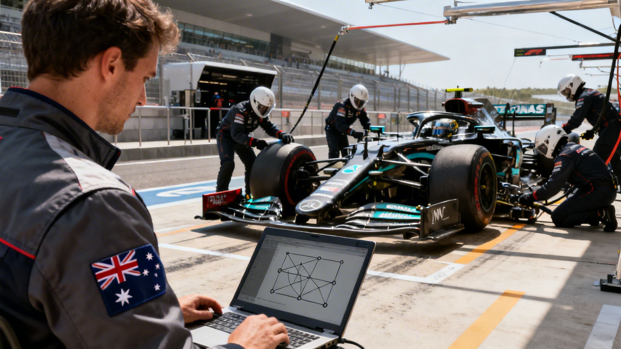 An engineer with an Australian flag patch on his sleeve uses a laptop while a Formula 1 pit stop takes place.