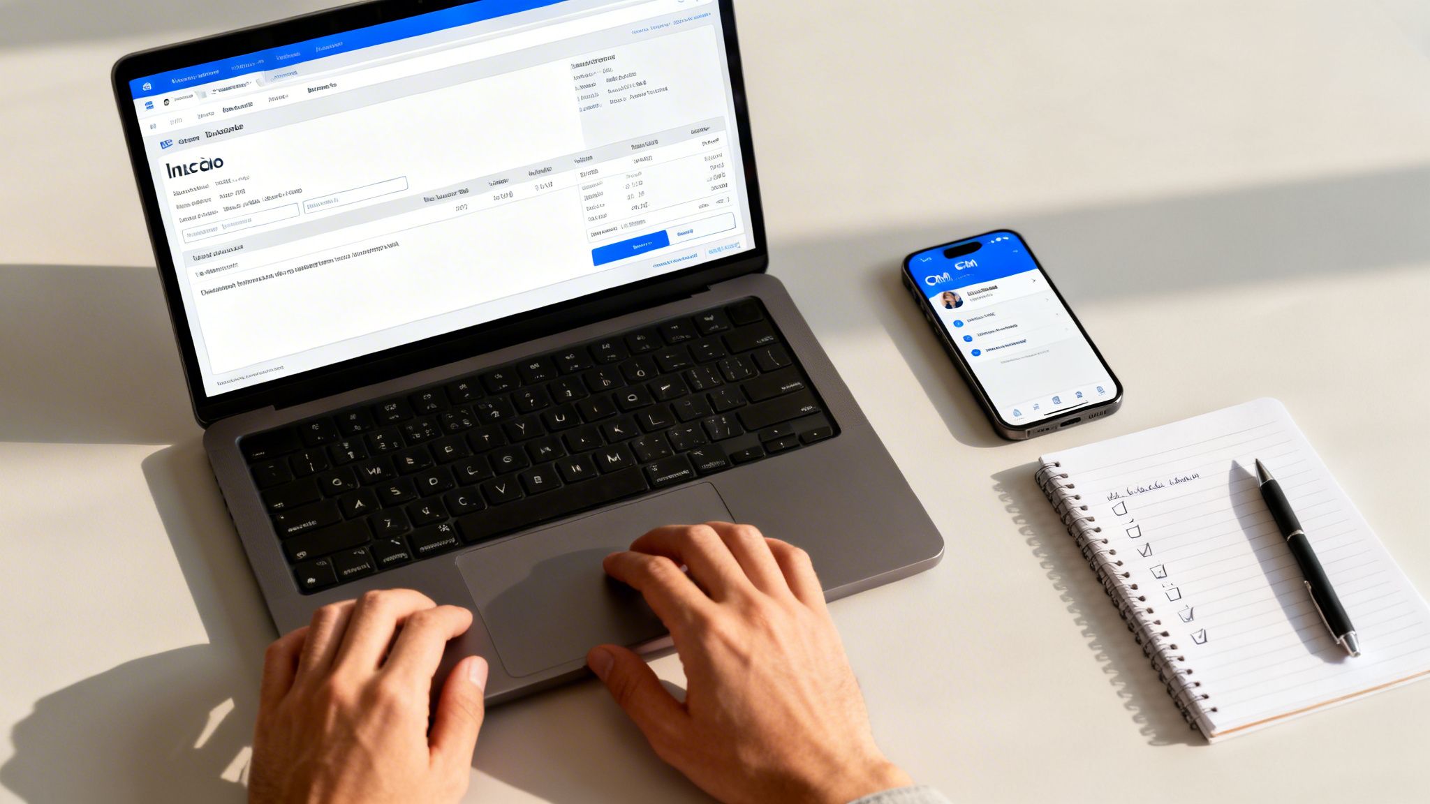 A person's hands typing on a laptop with a smartphone and a checklist notebook on a desk.