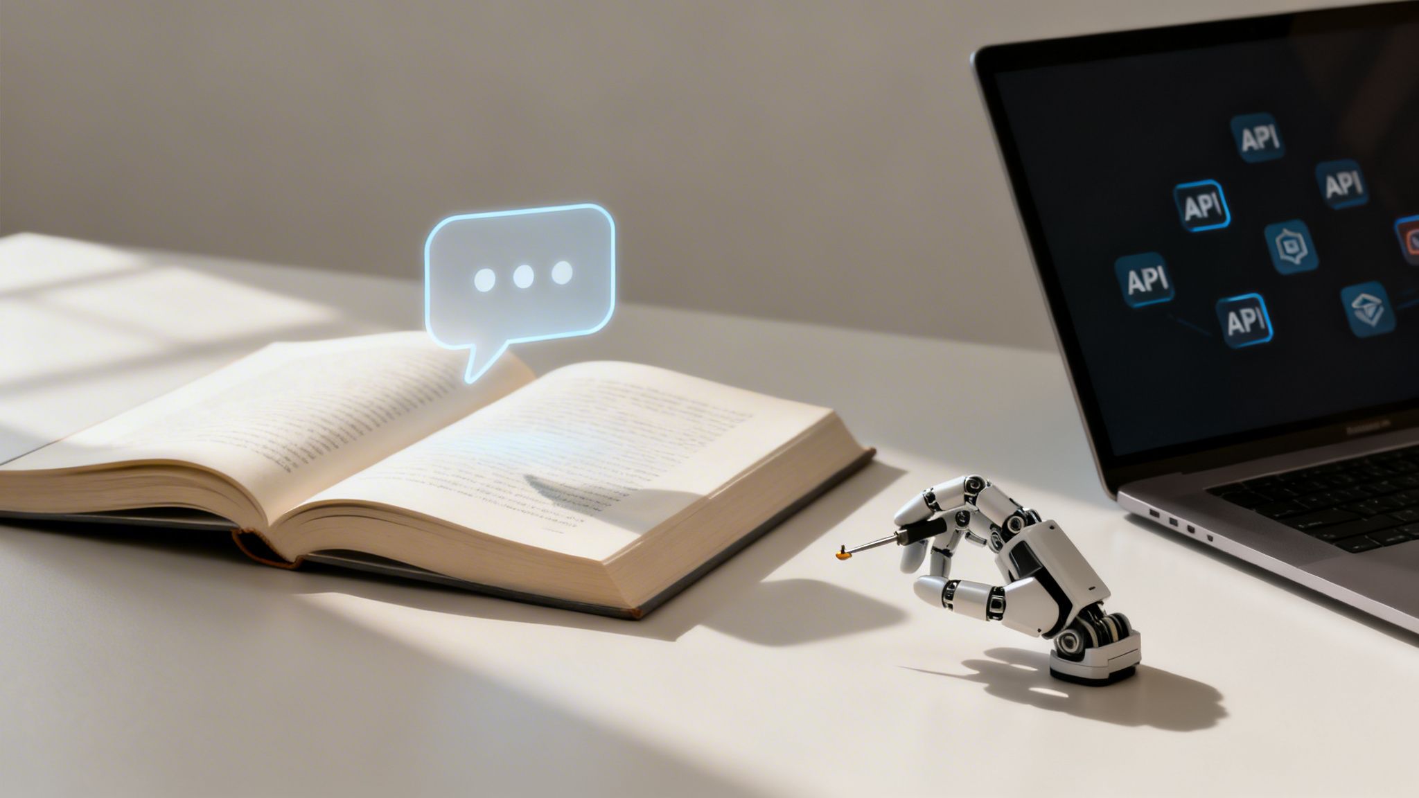 Robotic hand, open book with AI chat bubble, and laptop screen displaying API connections.