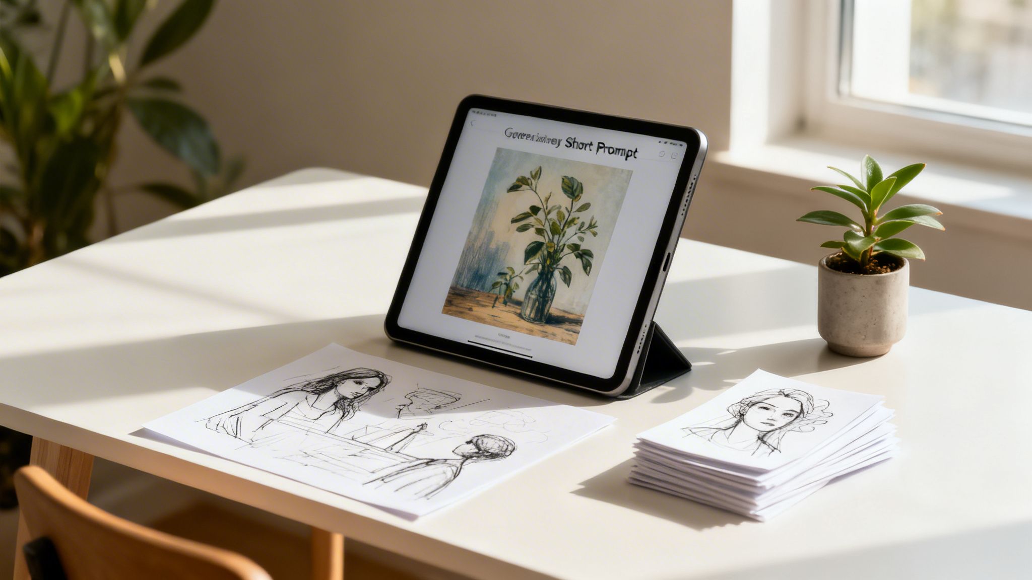 A modern desk setup featuring an iPad displaying AI art and paper sketches.
