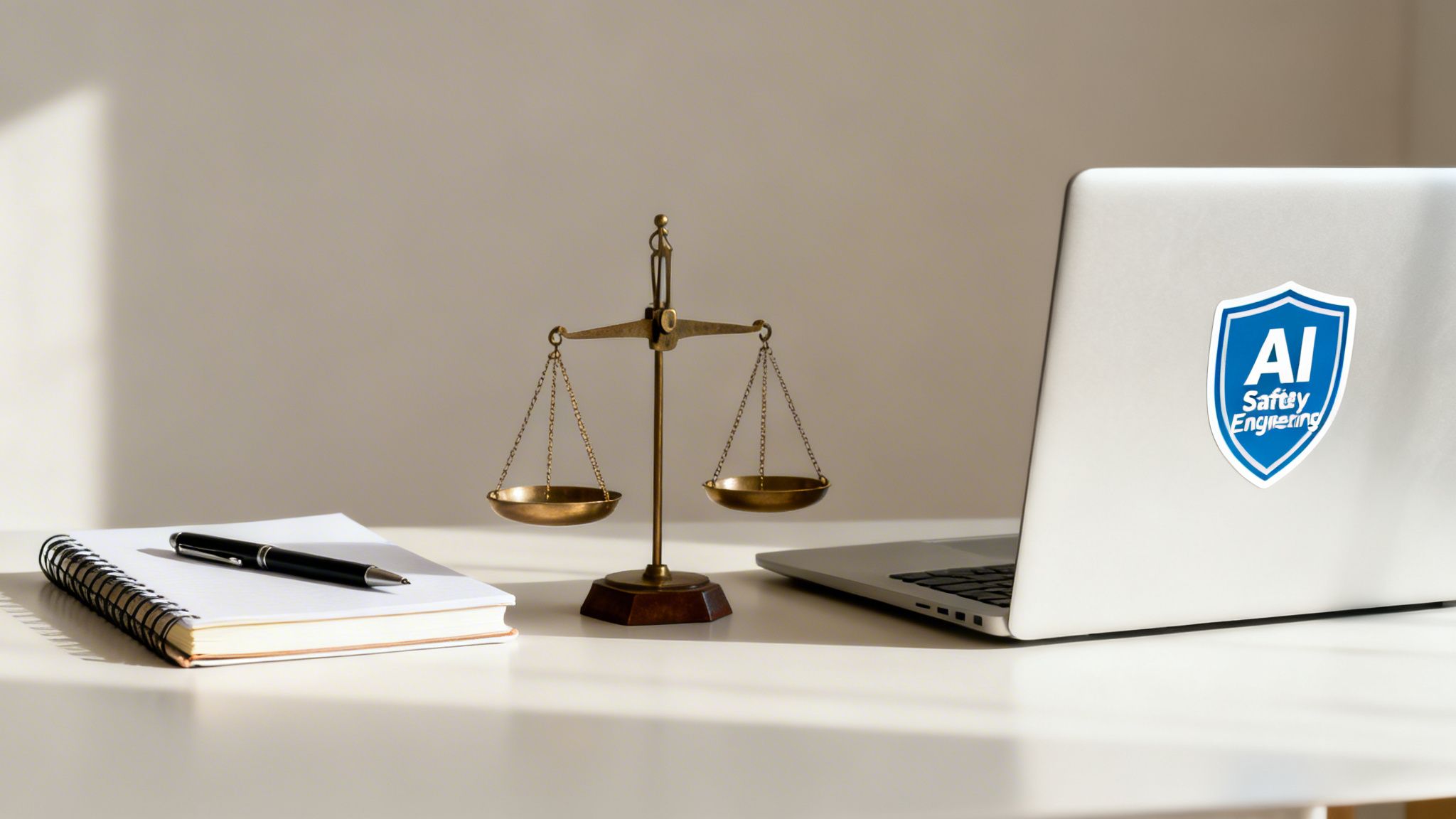 A desk with a laptop displaying an 'AI Safety Engineering' sticker, a notebook, a pen, and a scale of justice.