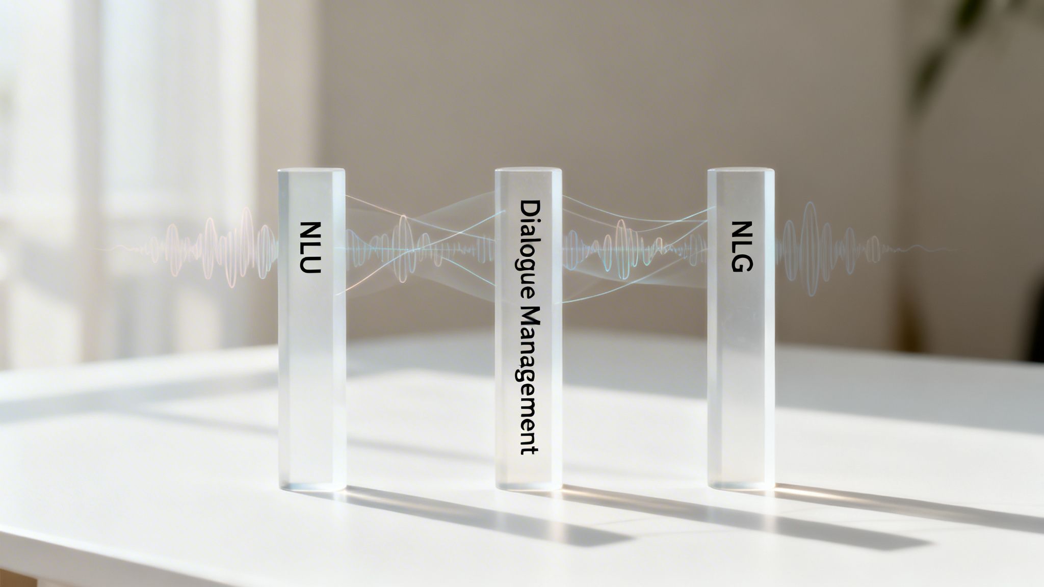 Three translucent blocks representing NLU, Dialogue Management, and NLG, connected by wavy lines.