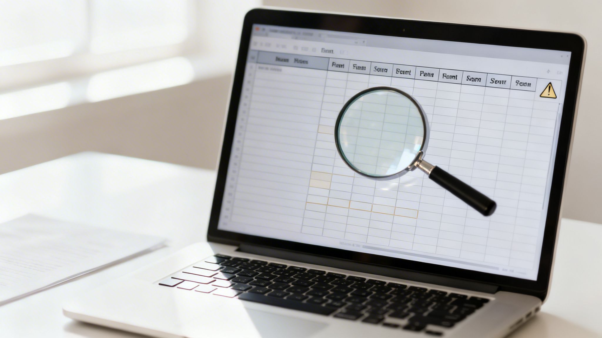 A laptop screen displays a spreadsheet with a magnifying glass, suggesting data analysis or search.