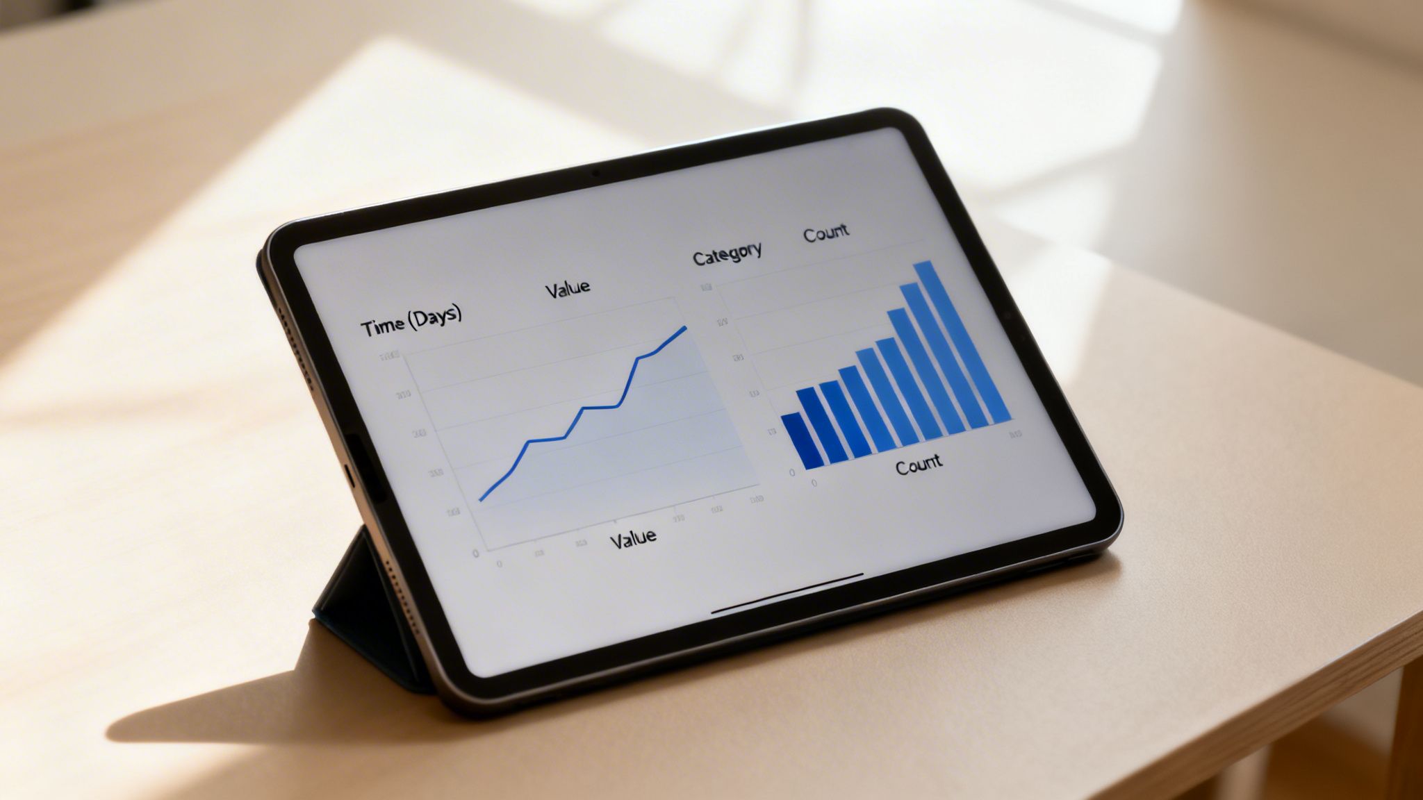 A tablet displaying two data charts: a blue line graph and a blue bar chart.