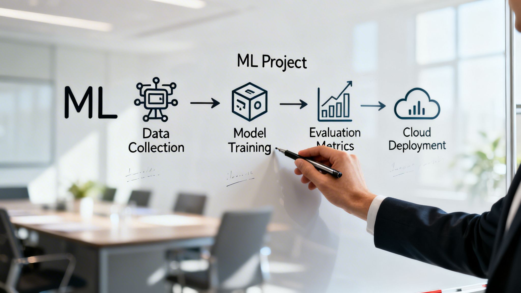 A hand writing an ML project workflow diagram on a whiteboard, detailing data collection, model training, and cloud deployment.