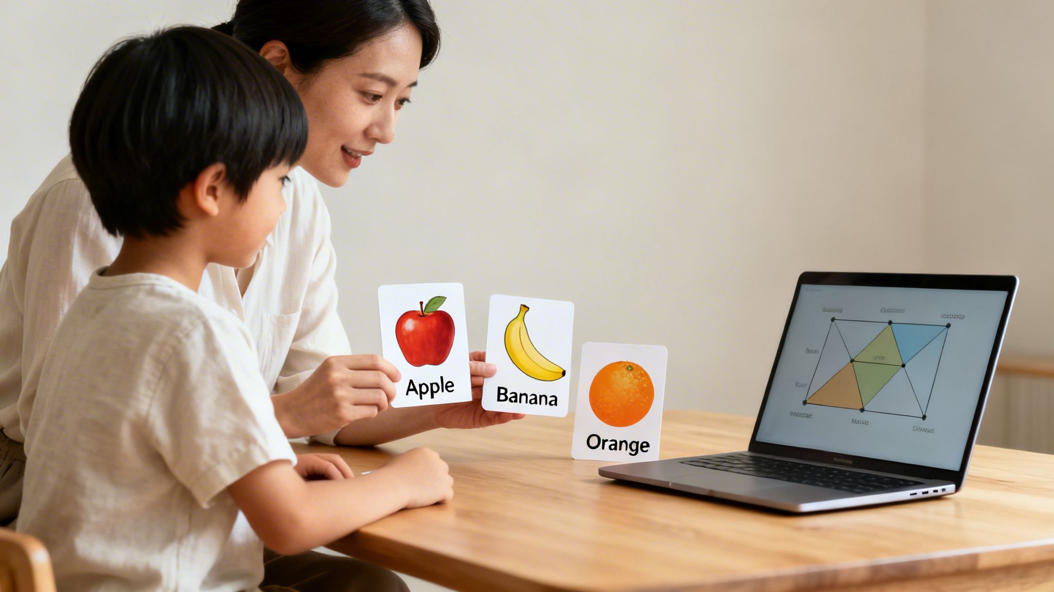A woman teaches a young boy fruit names using flashcards, with a laptop on the table.