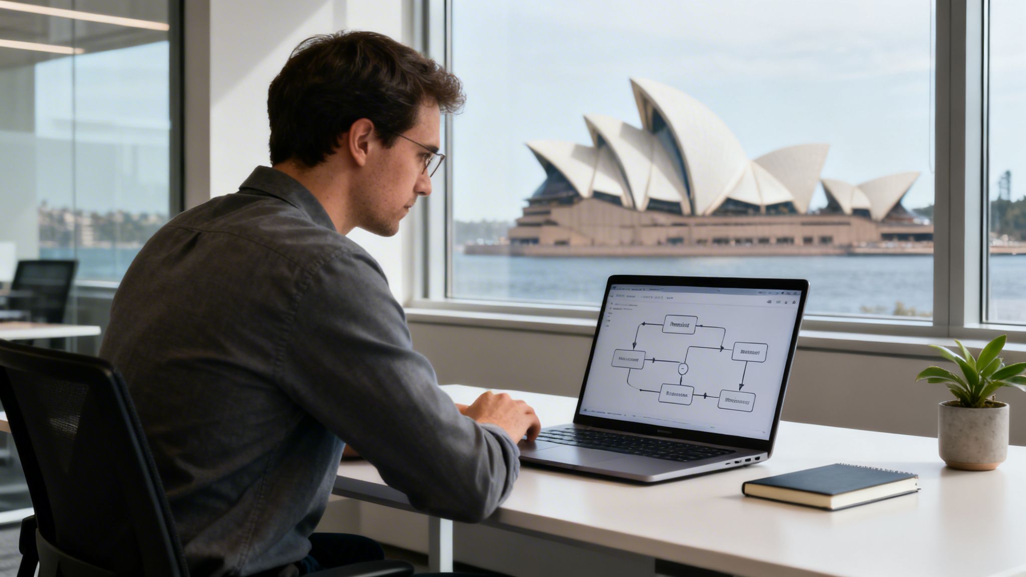 Young man working on a laptop with a workflow diagram, overlooking the Sydney Opera House.