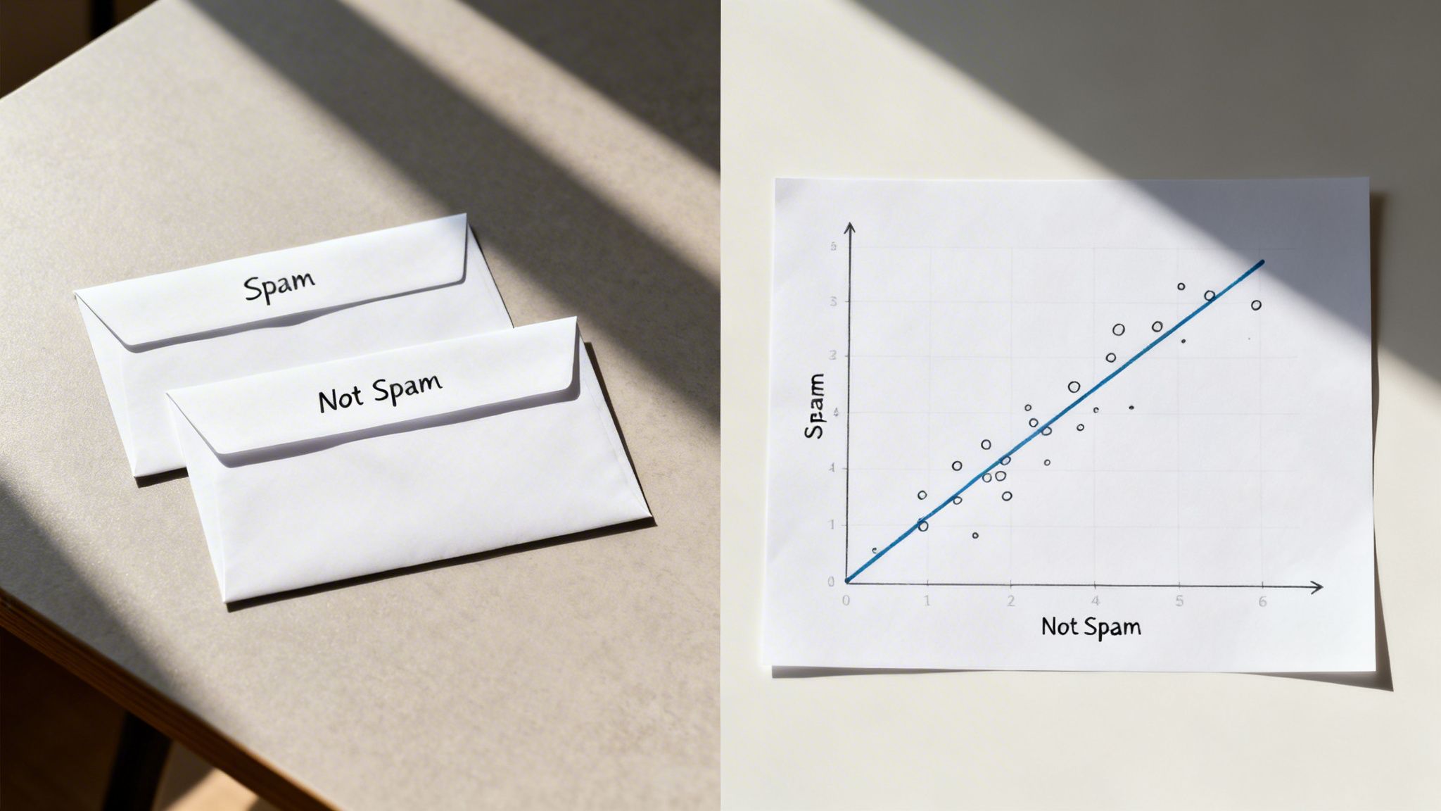 Two envelopes labeled "Spam" and "Not Spam" next to a scatter plot with a regression line.