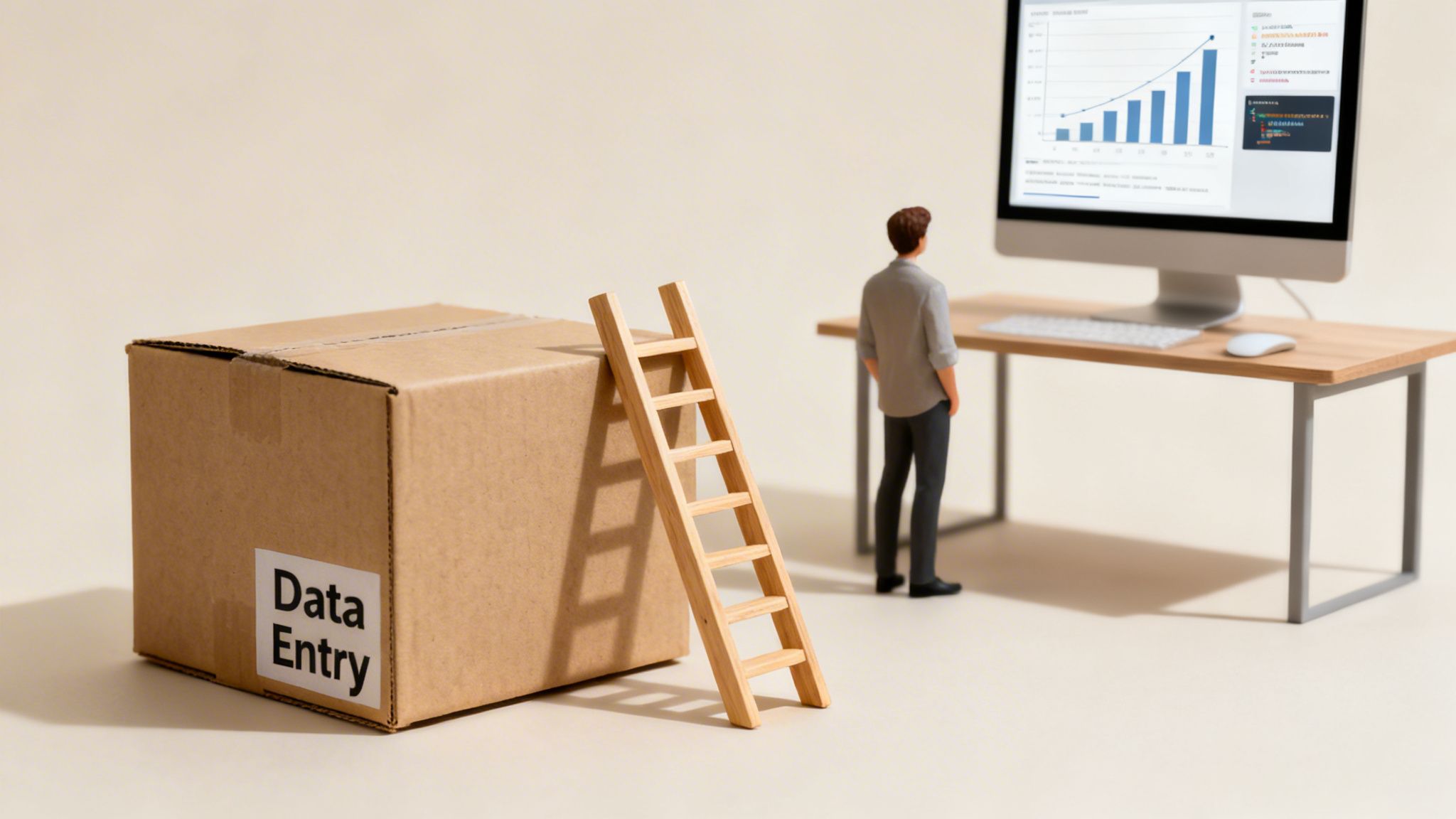 A miniature man observes a computer screen showing a bar chart, next to a "Data Entry" box and ladder.
