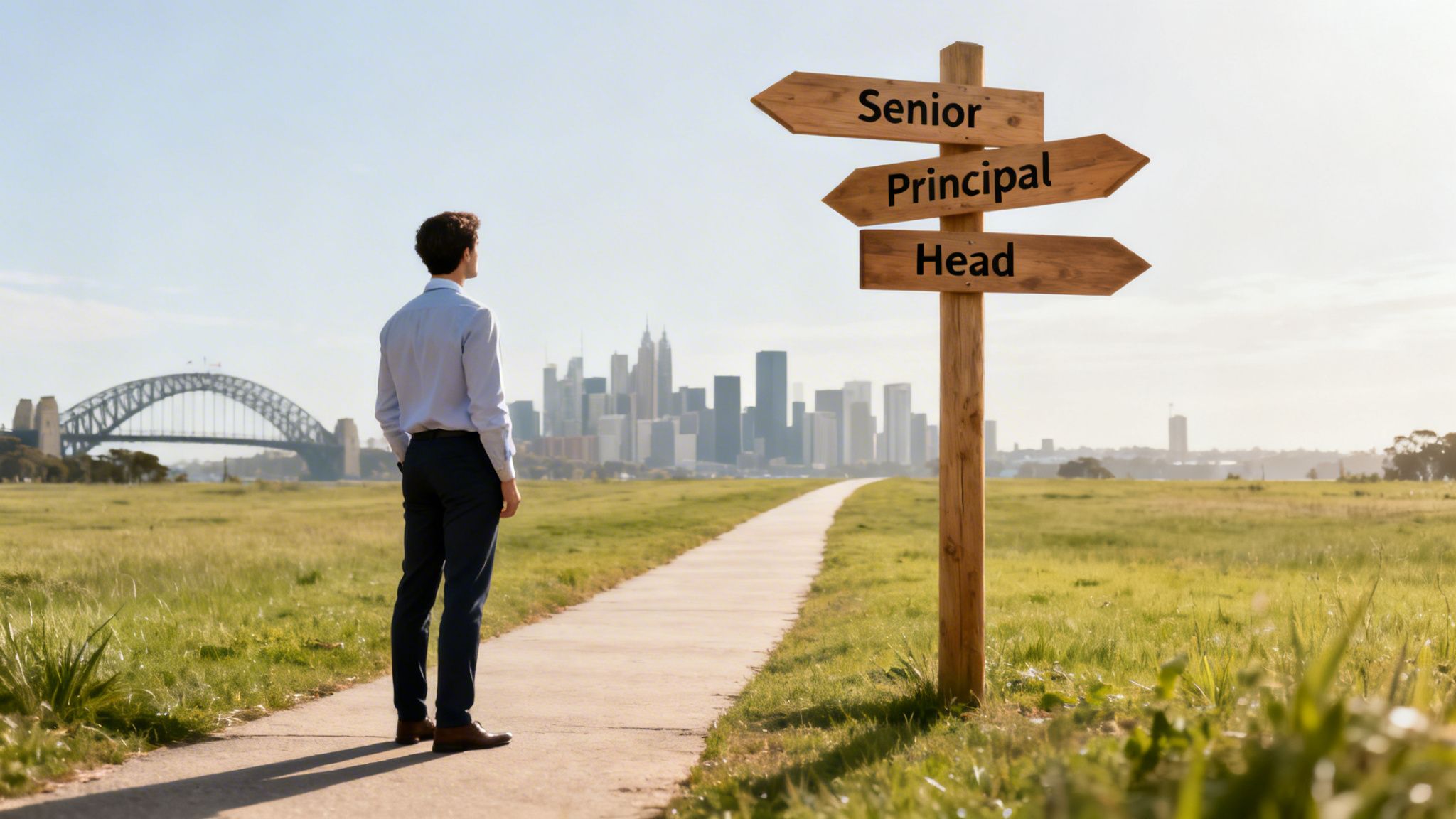 A man looks at a signpost offering career paths (Senior, Principal, Head) on a scenic route towards a city skyline.