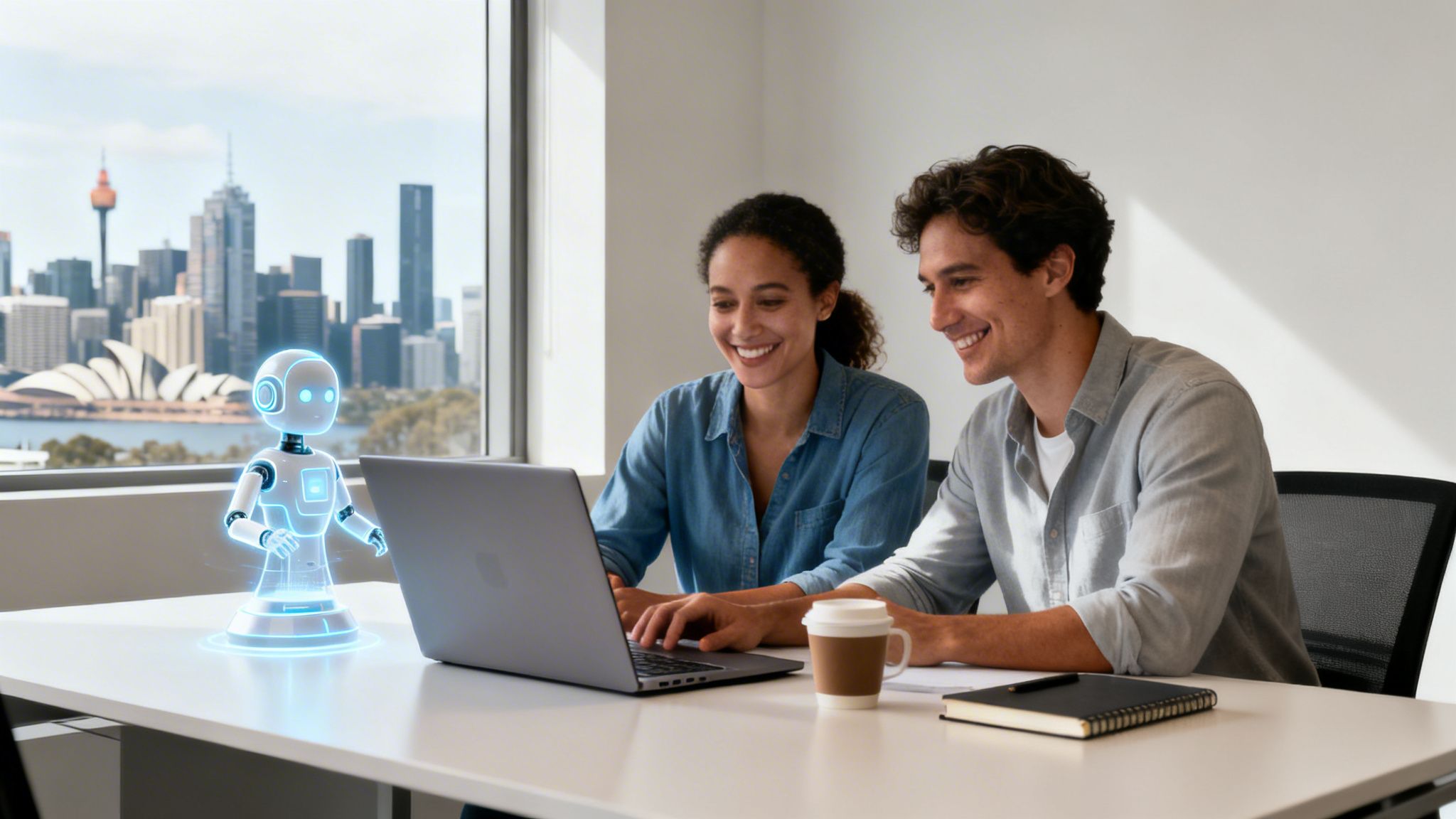 Smiling professionals collaborate with an AI chatbot on a laptop, overlooking a city skyline.