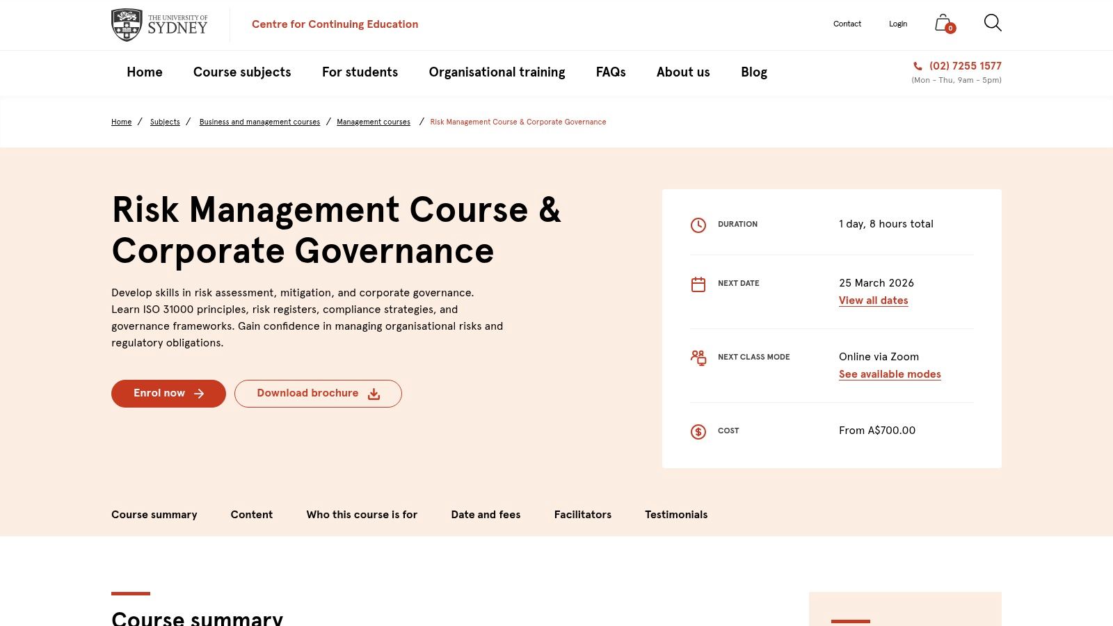 University of Sydney — Centre for Continuing Education (CCE) Risk Management & Corporate Governance