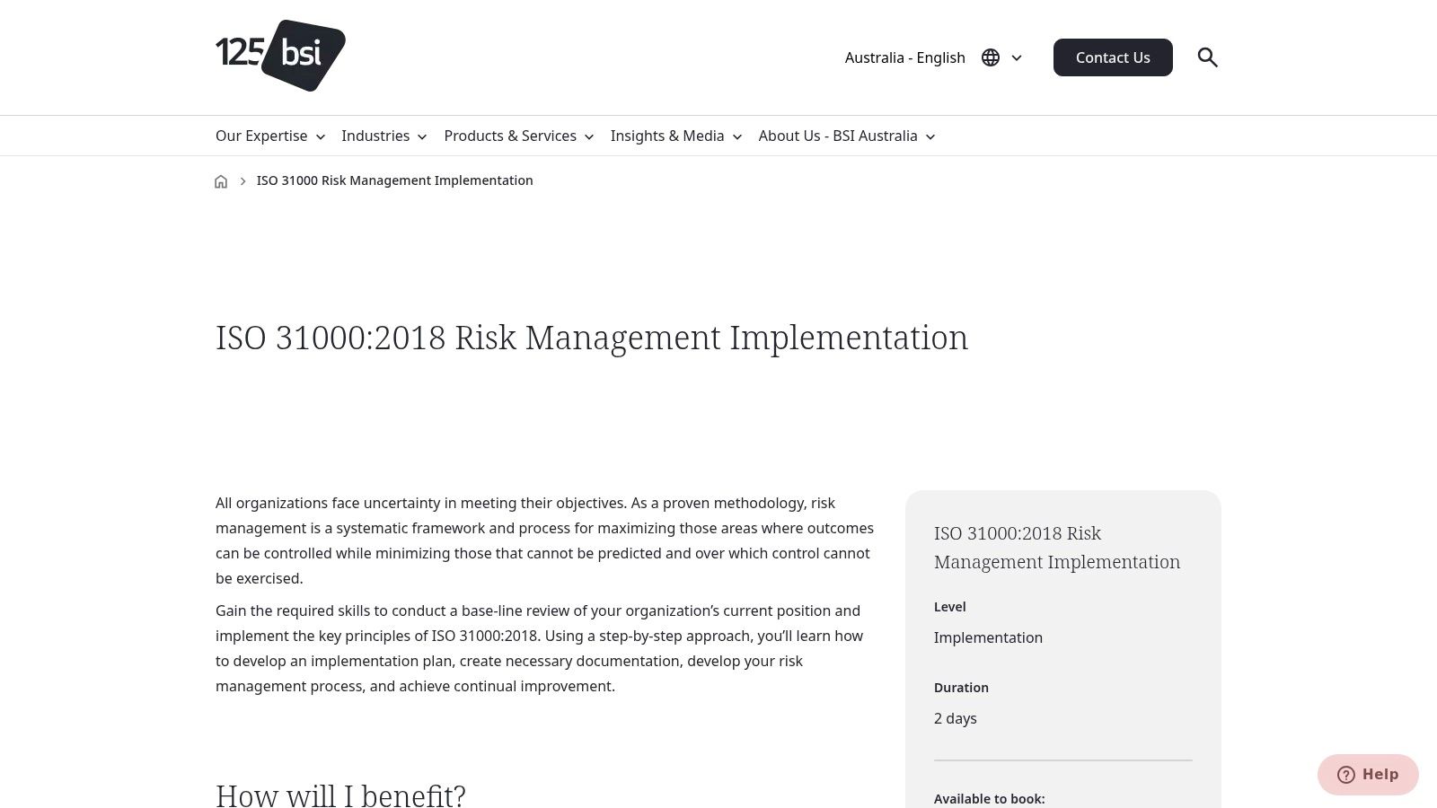 BSI Training Academy (Australia) — ISO 31000 Risk Management (Intro, eLearning, Implementation)