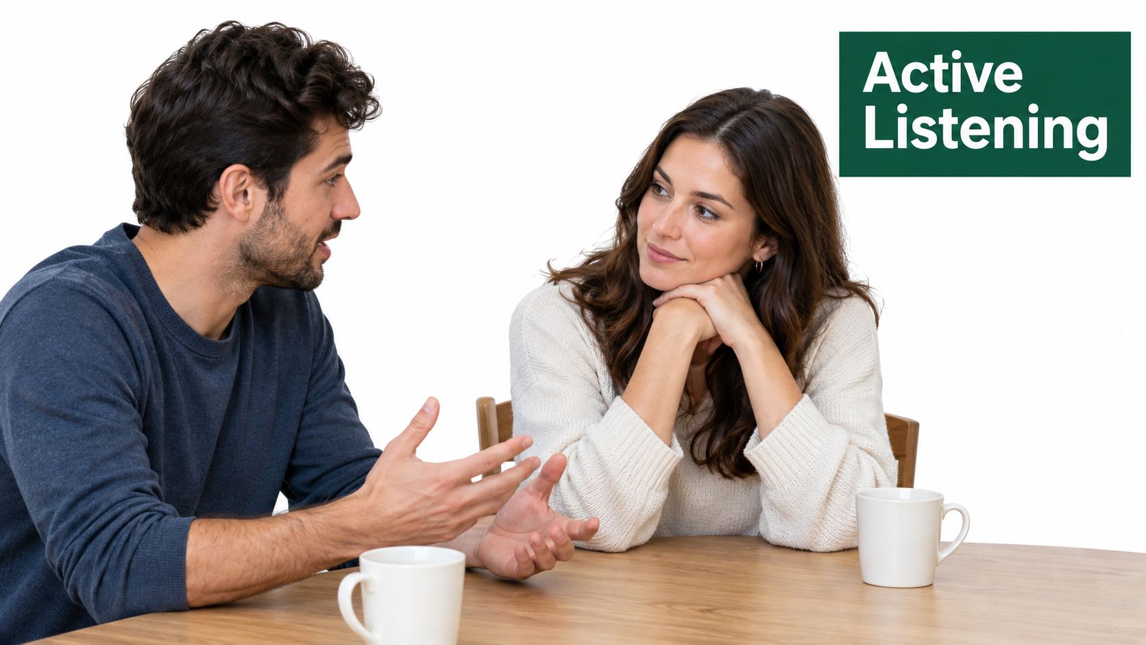 A young couple sitting at a table with coffee mugs, engaged in an active listening conversation.