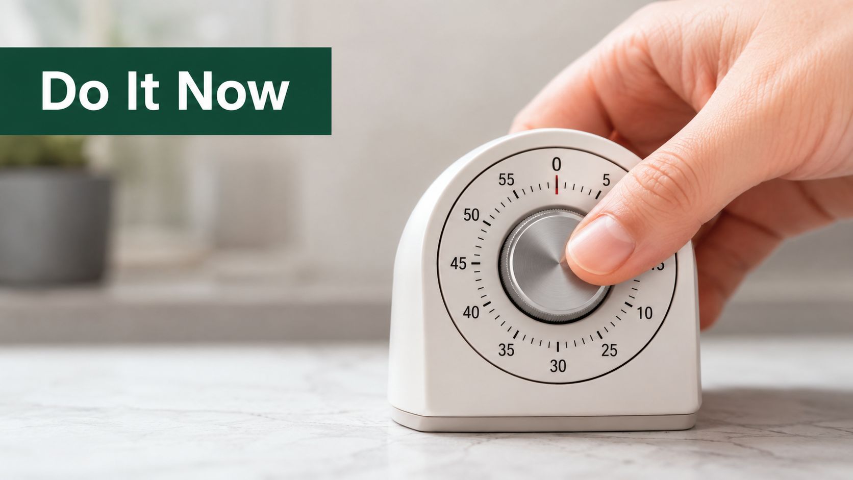 A hand turning a white mechanical kitchen timer on a marble countertop with text overlay.