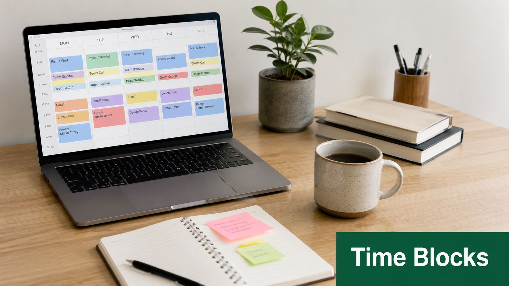 A modern home office setup featuring a laptop displaying a weekly time management calendar and a coffee mug.