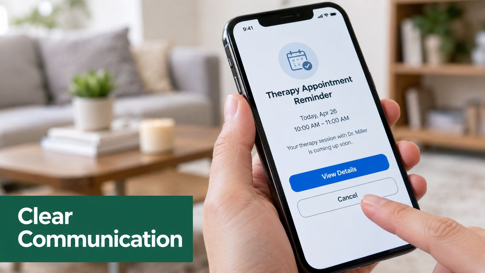 A person holds a smartphone showing a therapy appointment reminder notification on the screen.