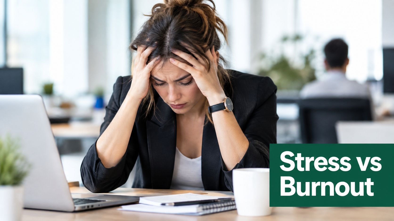 A distressed woman in business attire sits at her desk with her head in her hands, depicting workplace exhaustion.