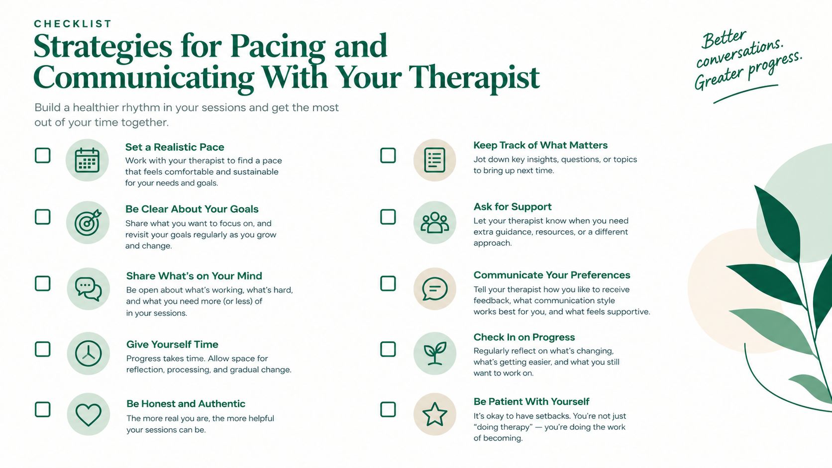 A checklist of strategies for pacing and communicating effectively during therapy sessions with your therapist.