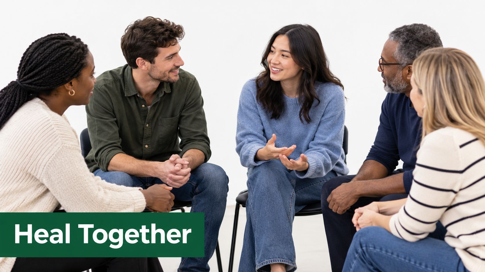 A diverse group of people sitting in a circle, engaging in a supportive group therapy session.