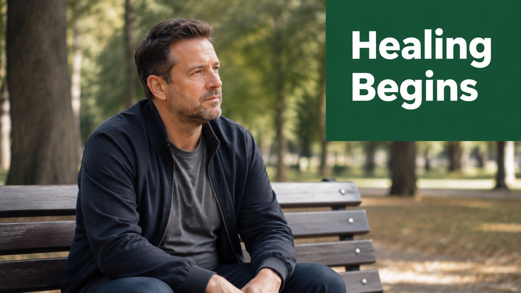 A middle-aged man sitting thoughtfully on a park bench looking away, symbolizing the healing process.
