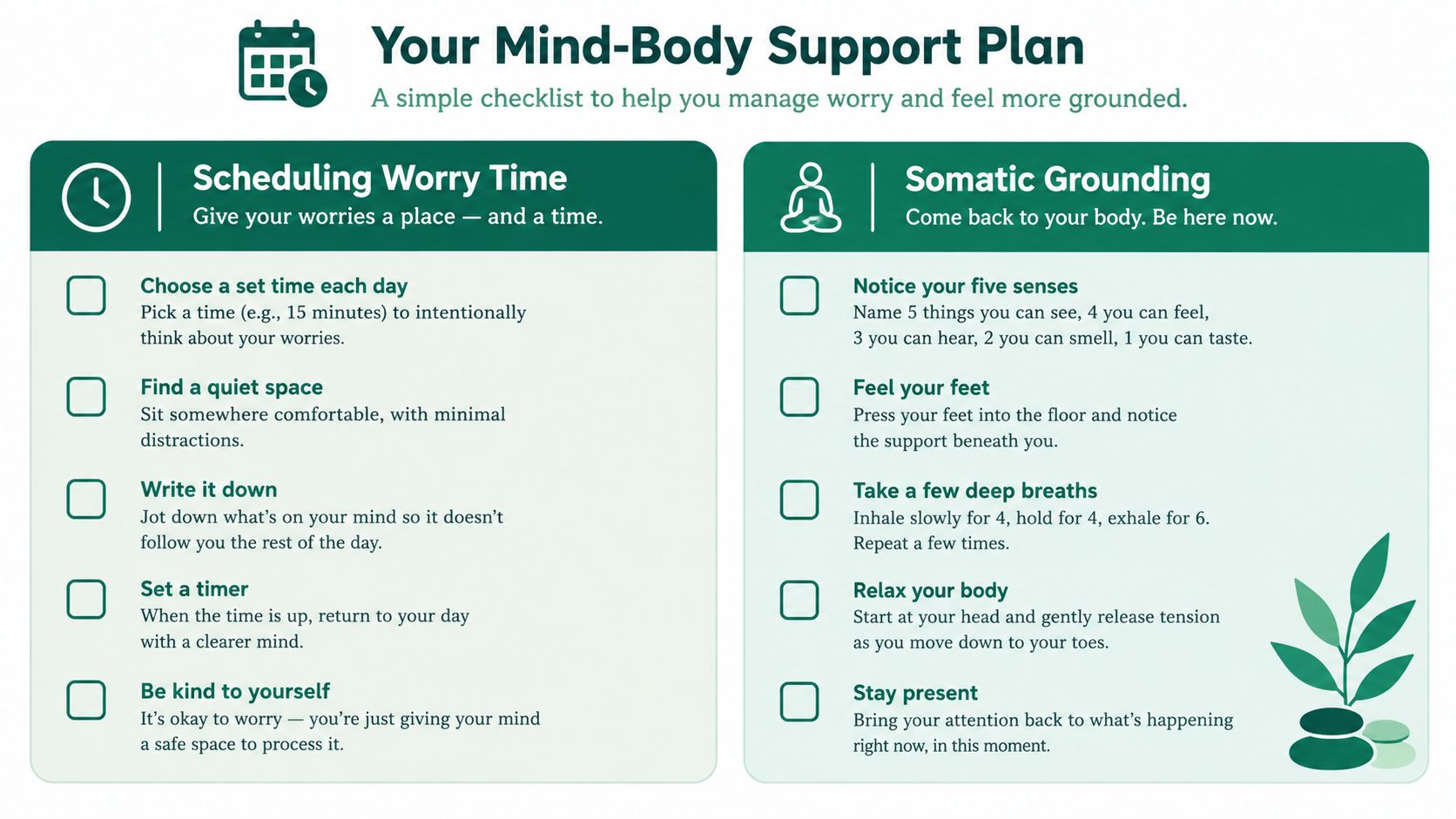 A two-column checklist titled Your Mind-Body Support Plan offering techniques for managing worry and grounding yourself.