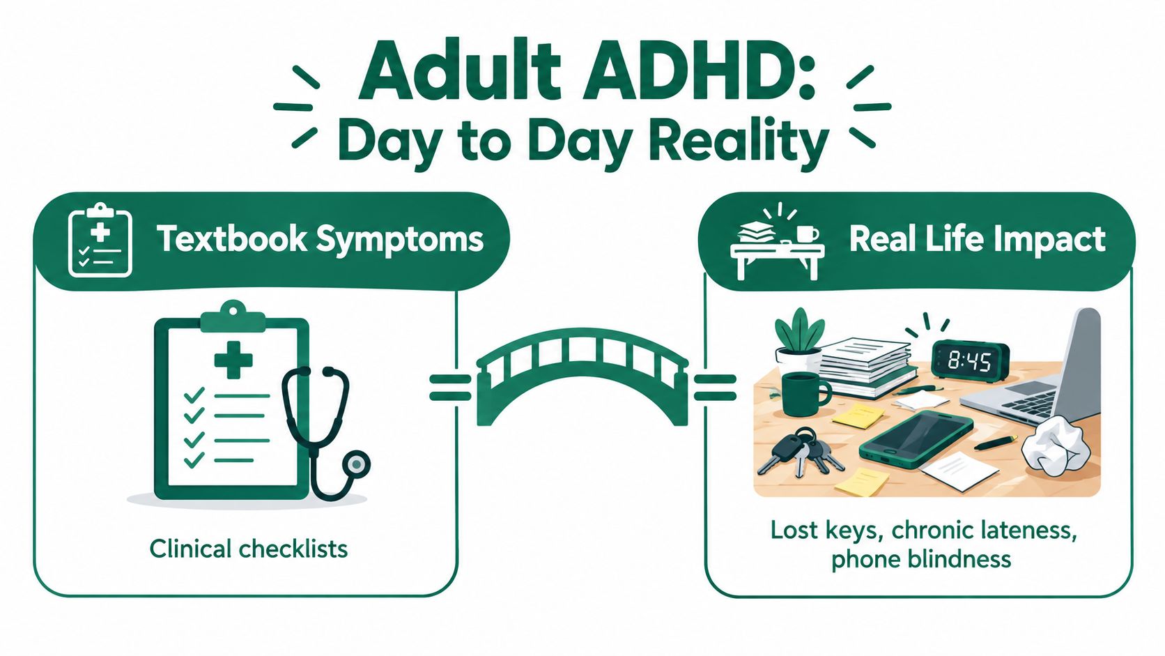 A visual comparison showing how clinical ADHD symptoms translate into everyday struggles like lost keys and lateness.