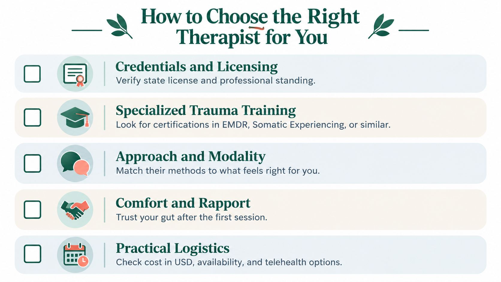 A checklist infographic titled How to Choose the Right Therapist for You with five professional criteria.