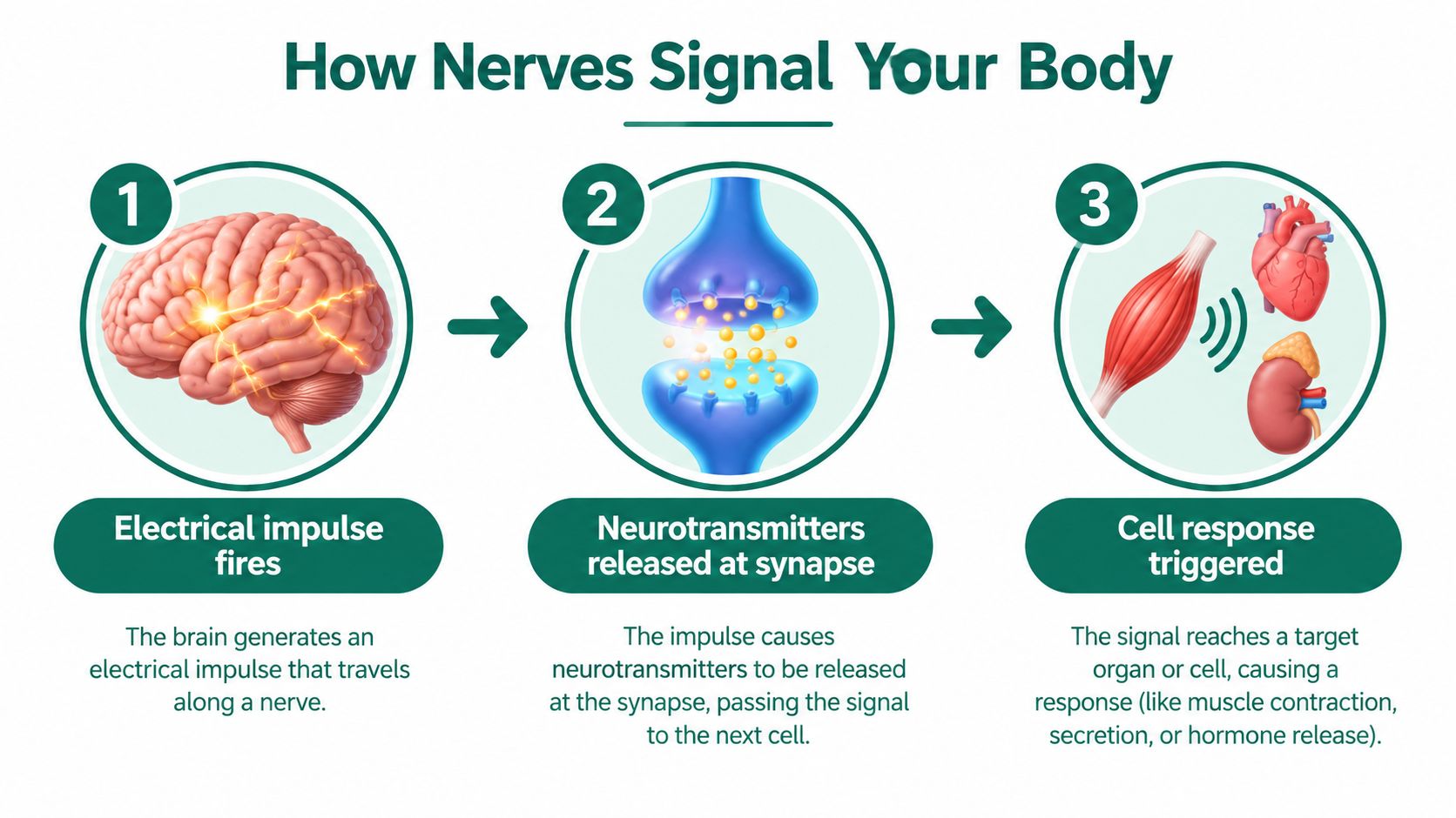A diagram illustrating how the nervous system transmits signals from the brain through synapses to body organs.