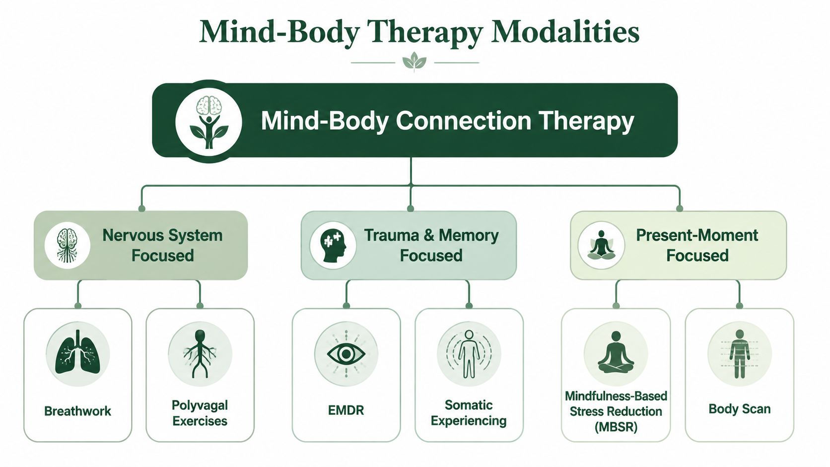 A diagram illustrating various mind-body therapy modalities, categorized by nervous system, trauma, and present-moment focused approaches.