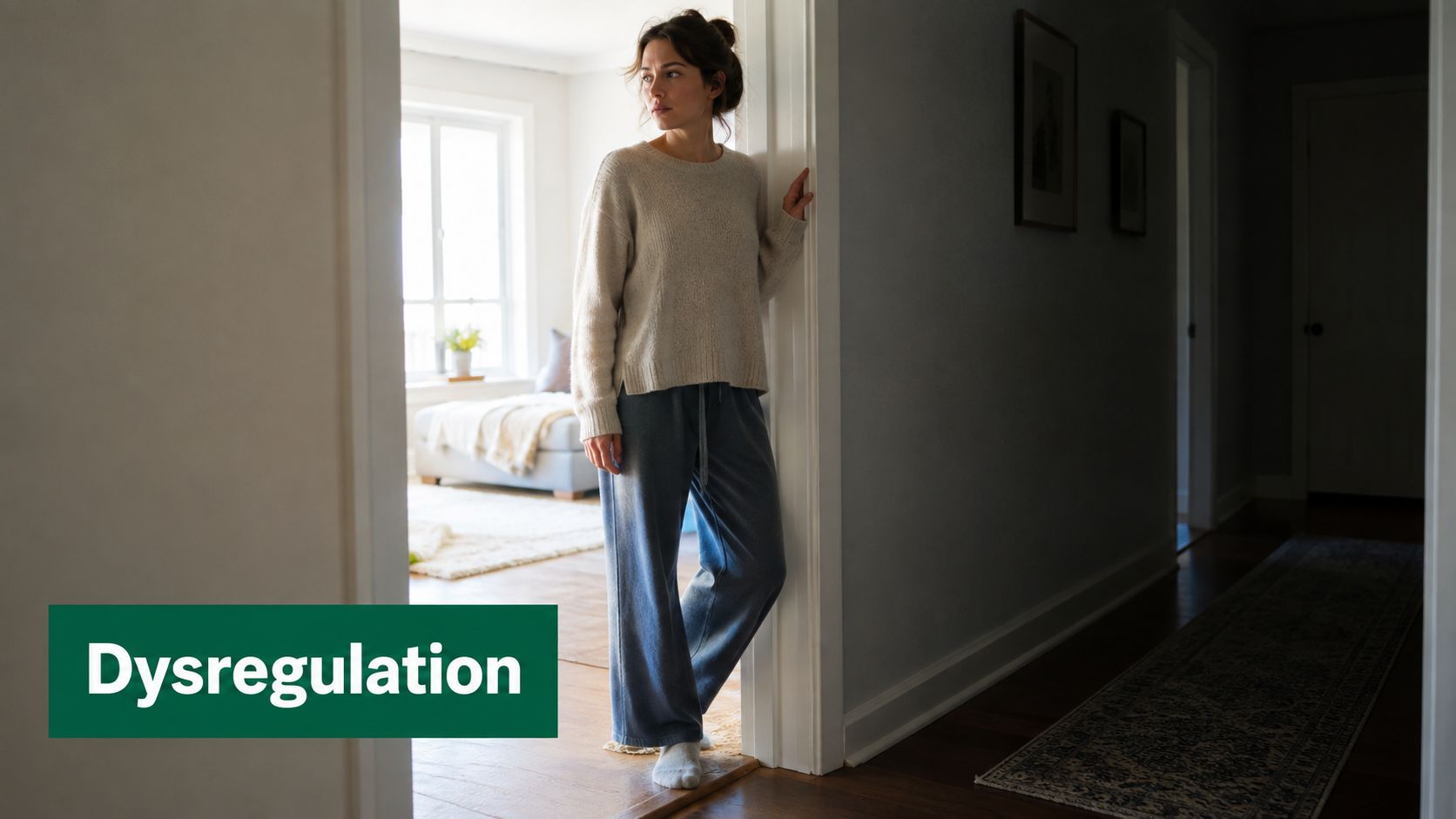 A pensive woman standing in a dimly lit doorway, looking off into a bright, airy living room.