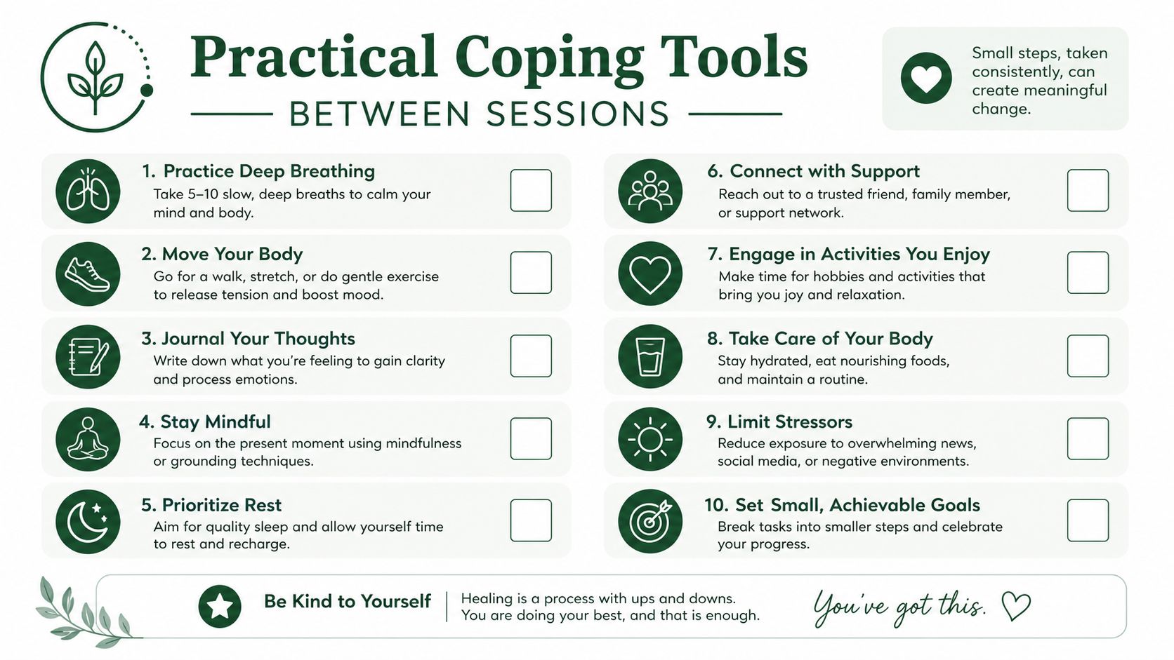A checklist infographic titled Practical Coping Tools Between Sessions, listing ten self-care strategies for mental well-being.