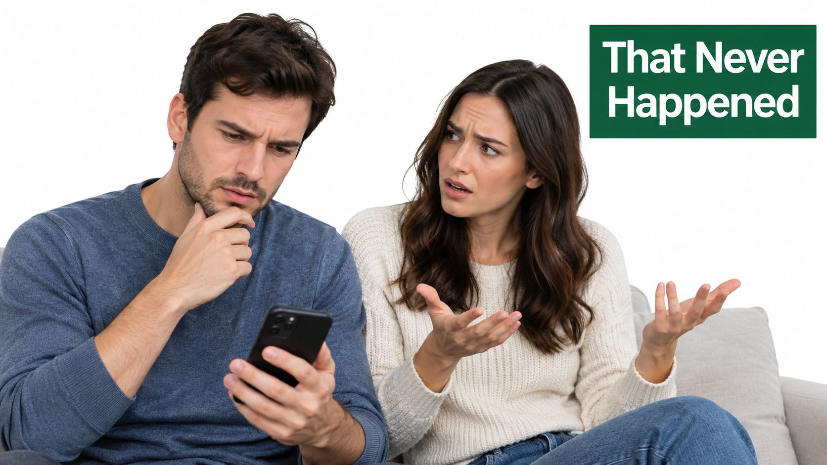 A couple sitting on a sofa looking confused and frustrated while discussing their smartphone content together.