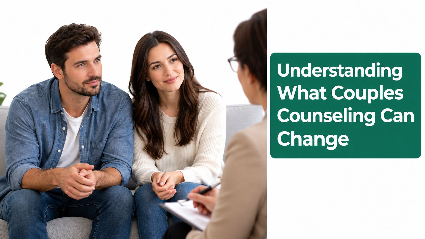 A young couple sitting on a couch attending a counseling session with a therapist.