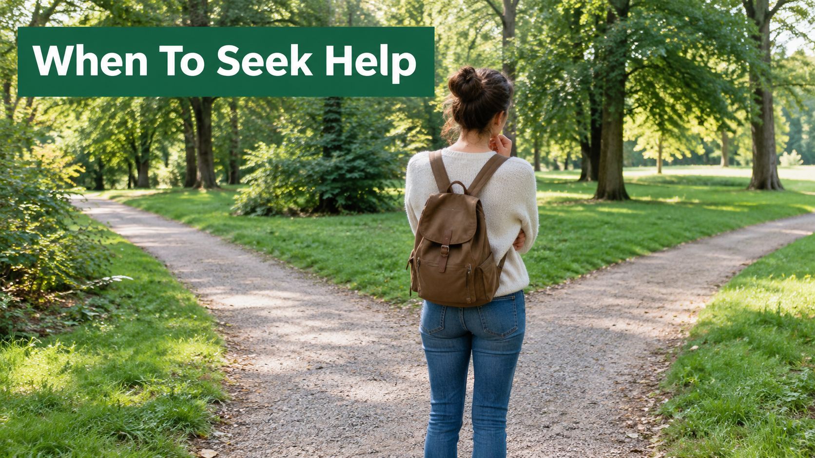 A woman with a backpack standing at a fork in a park path looking for direction.