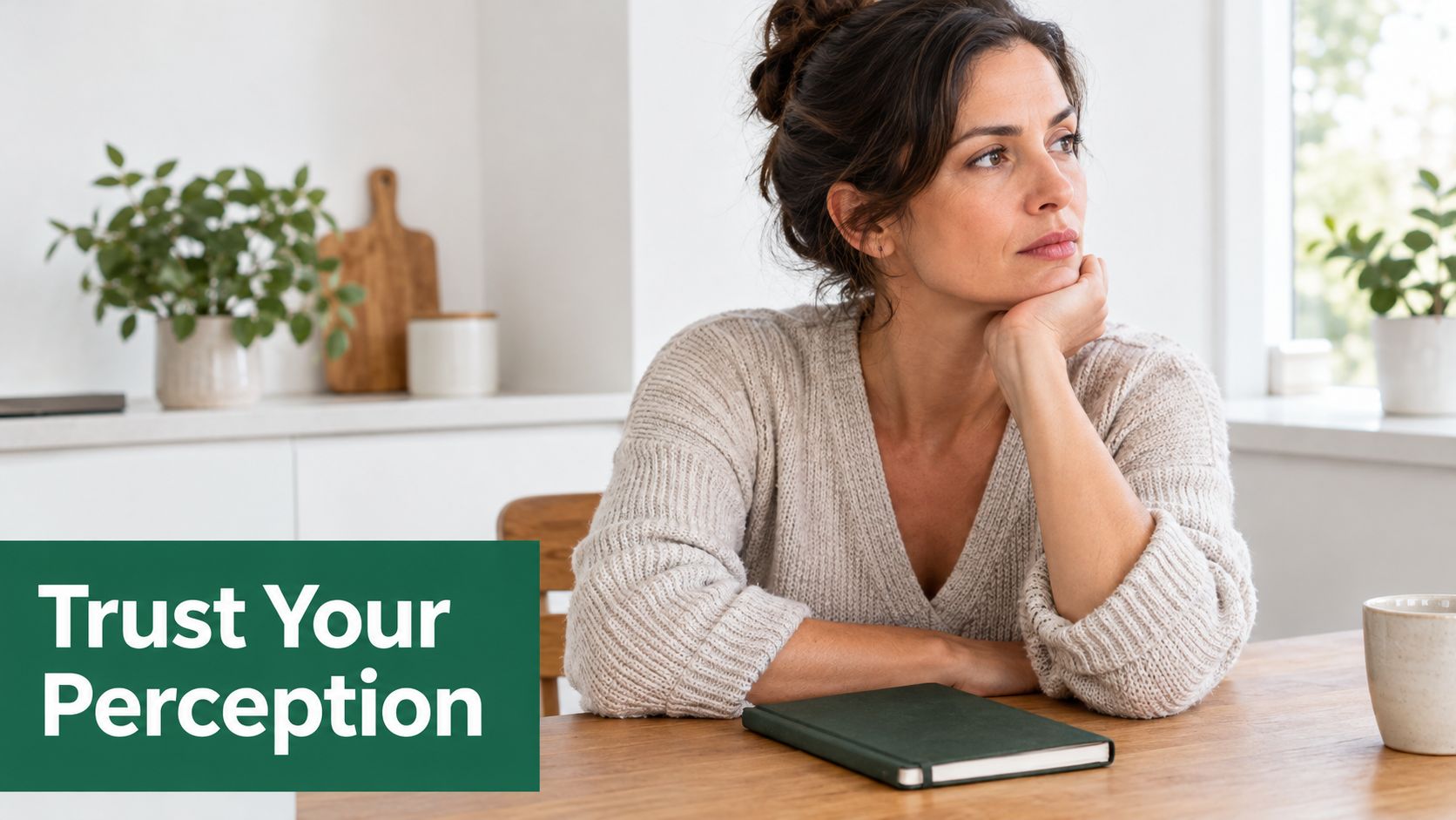A contemplative woman sitting at a table with a notebook, looking away while lost in deep thought.