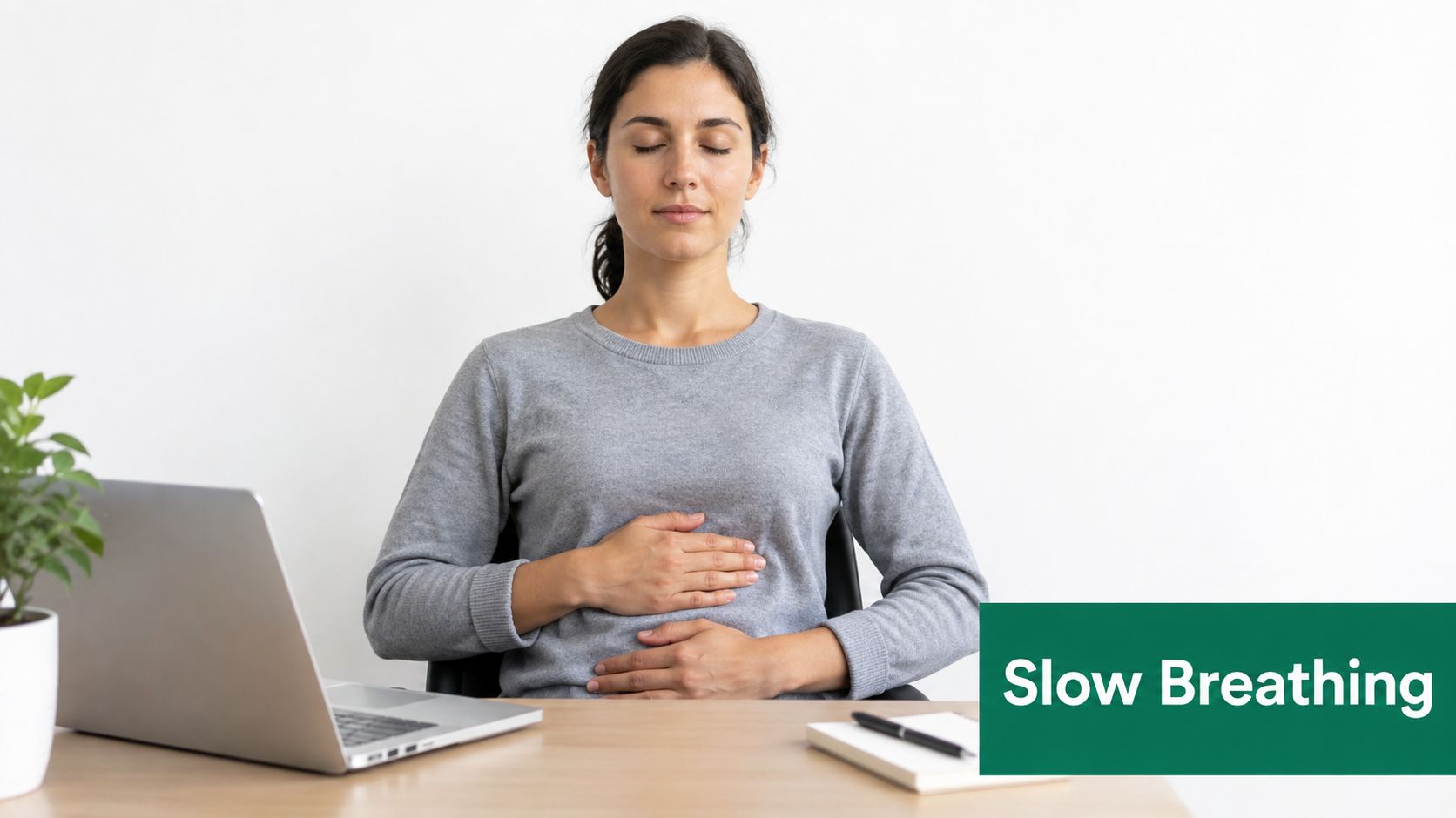 A professional woman sitting at a desk practicing slow deep breathing techniques to manage stress at work.